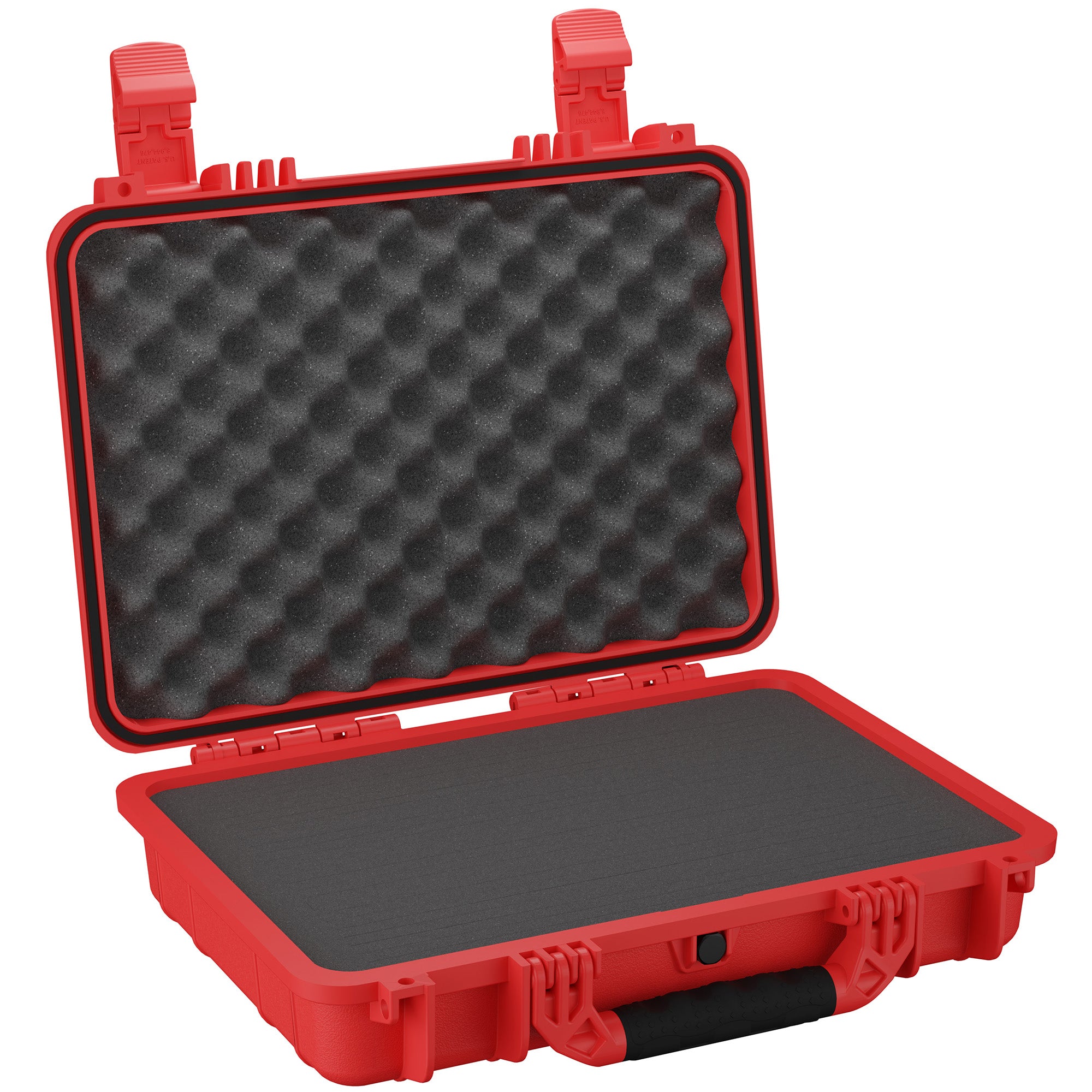Red protective hard case, 17 inches, with foam interior, open and displaying both the egg crate foam lid and flat foam base, designed for secure storage and transport of delicate items.