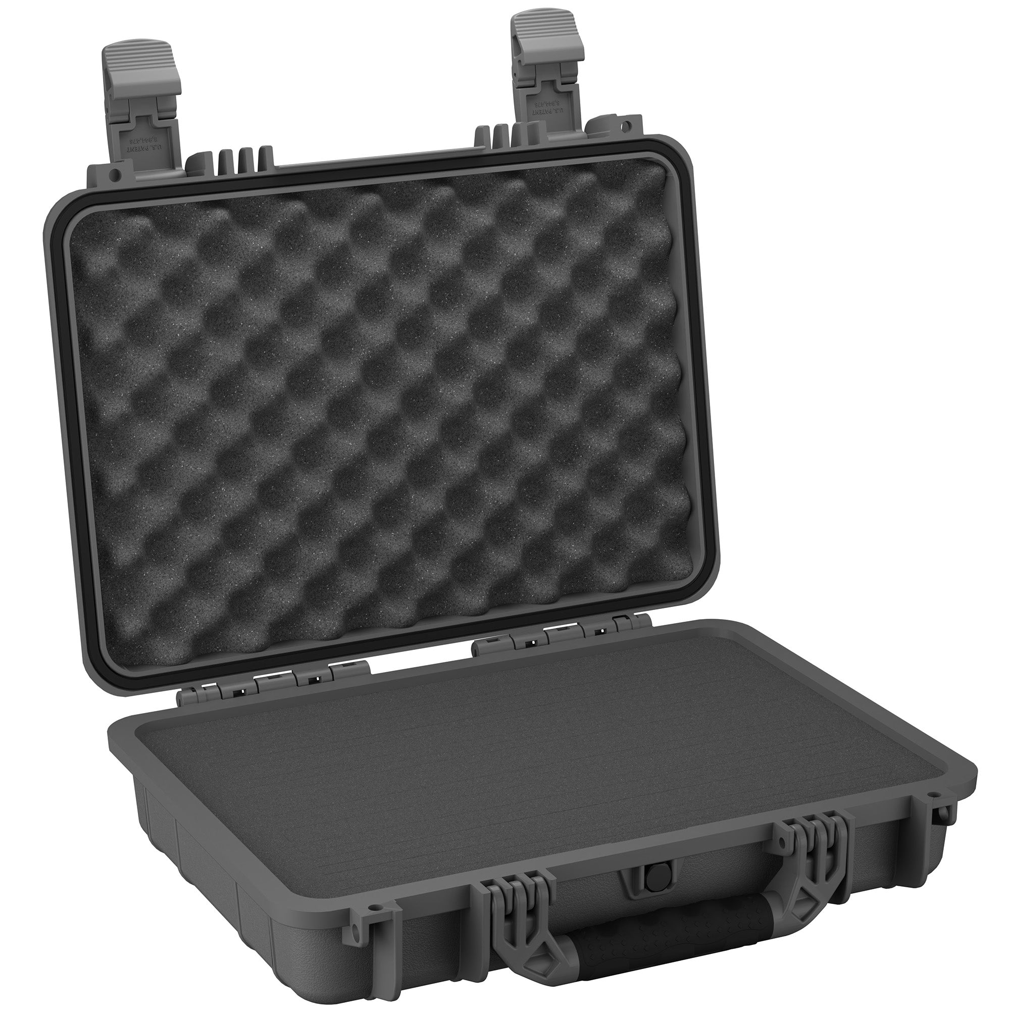 Open 17-inch medium gray hard case with rugged exterior and dual locking clasps, featuring a foam-lined interior visible in the lid.