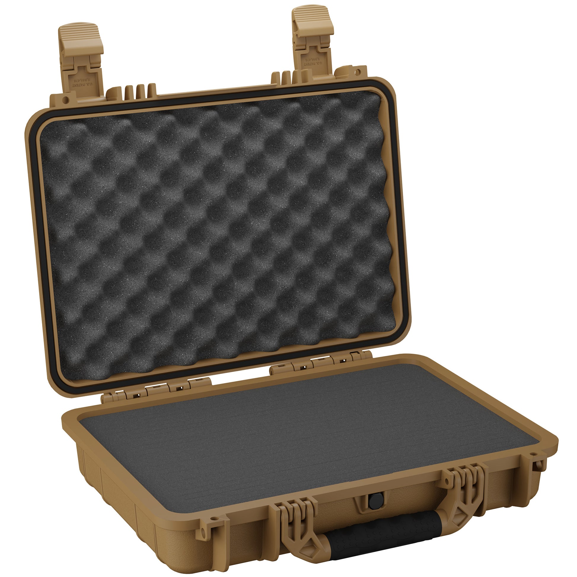 Sturdy, tan-colored 17-inch medium-sized protective case, open to show black foam interior with egg-crate foam lid, featuring dual latches and a rugged handle, designed for secure storage and transportation of delicate items.
