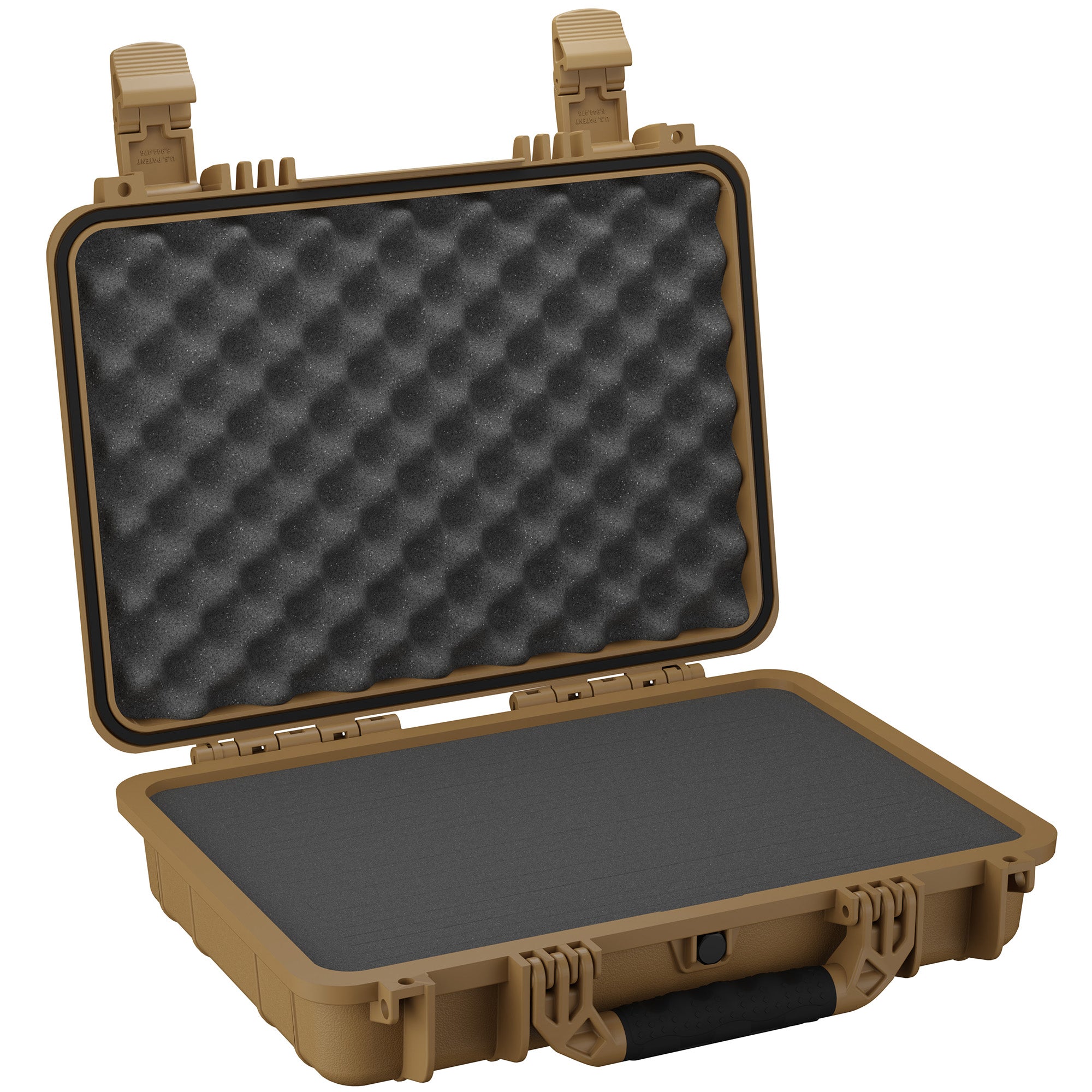 Sturdy, tan-colored 17-inch medium-sized protective case, open to show black foam interior with egg-crate foam lid, featuring dual latches and a rugged handle, designed for secure storage and transportation of delicate items.