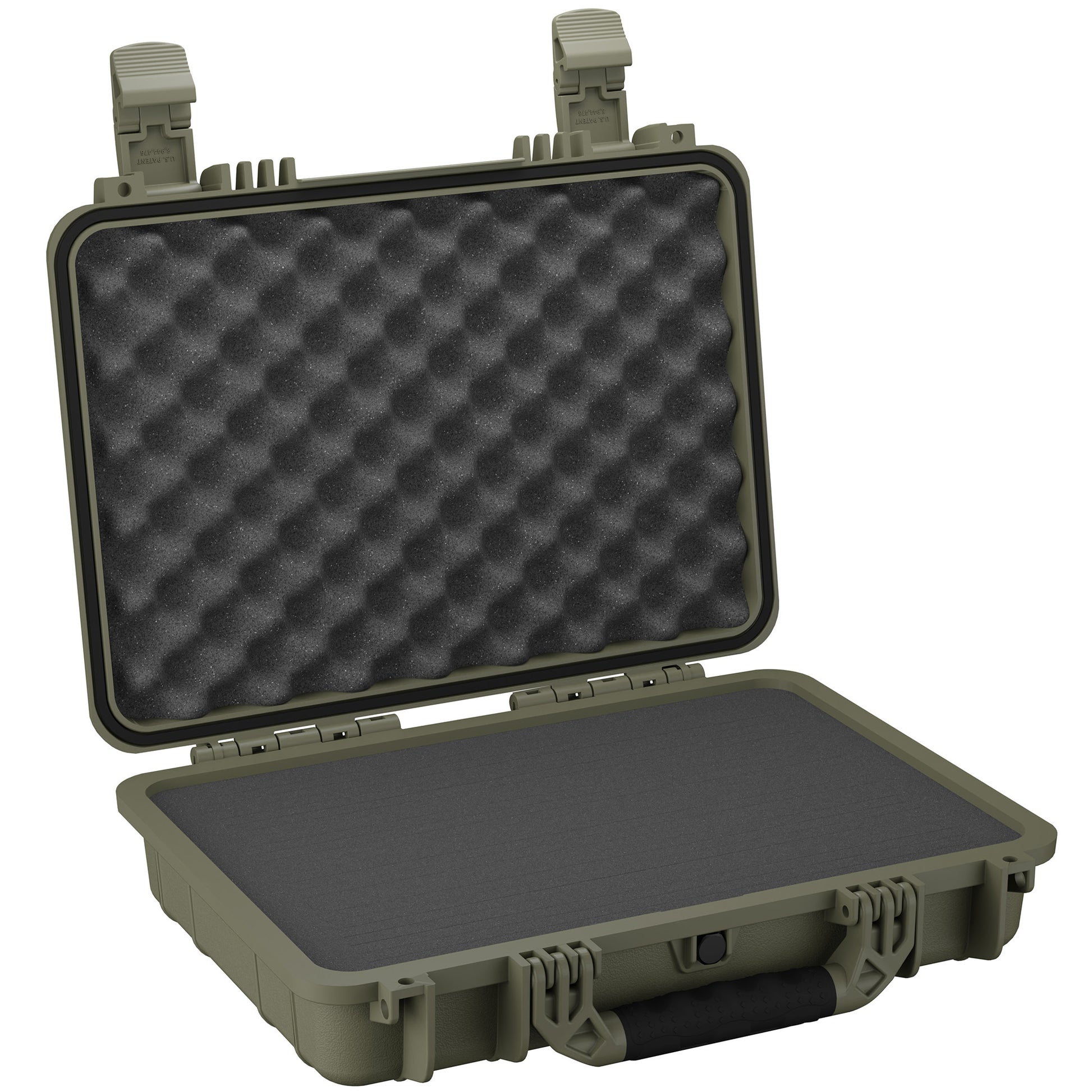17-inch medium protective hard case in olive green with foam interior, featuring dual latches and a padded handle, open to display the textured foam padding inside.