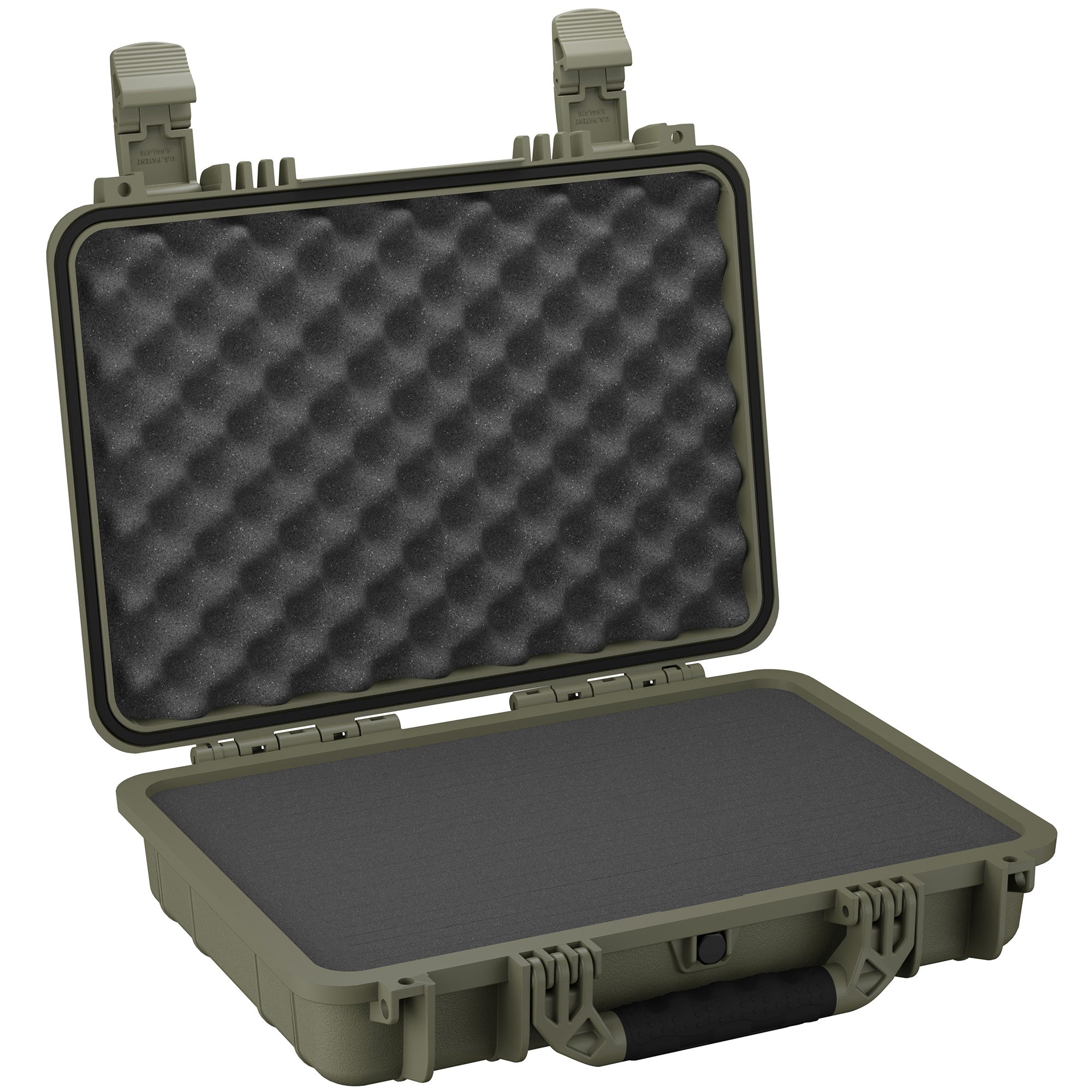 17-inch medium protective hard case in olive green with foam interior, featuring dual latches and a padded handle, open to display the textured foam padding inside.