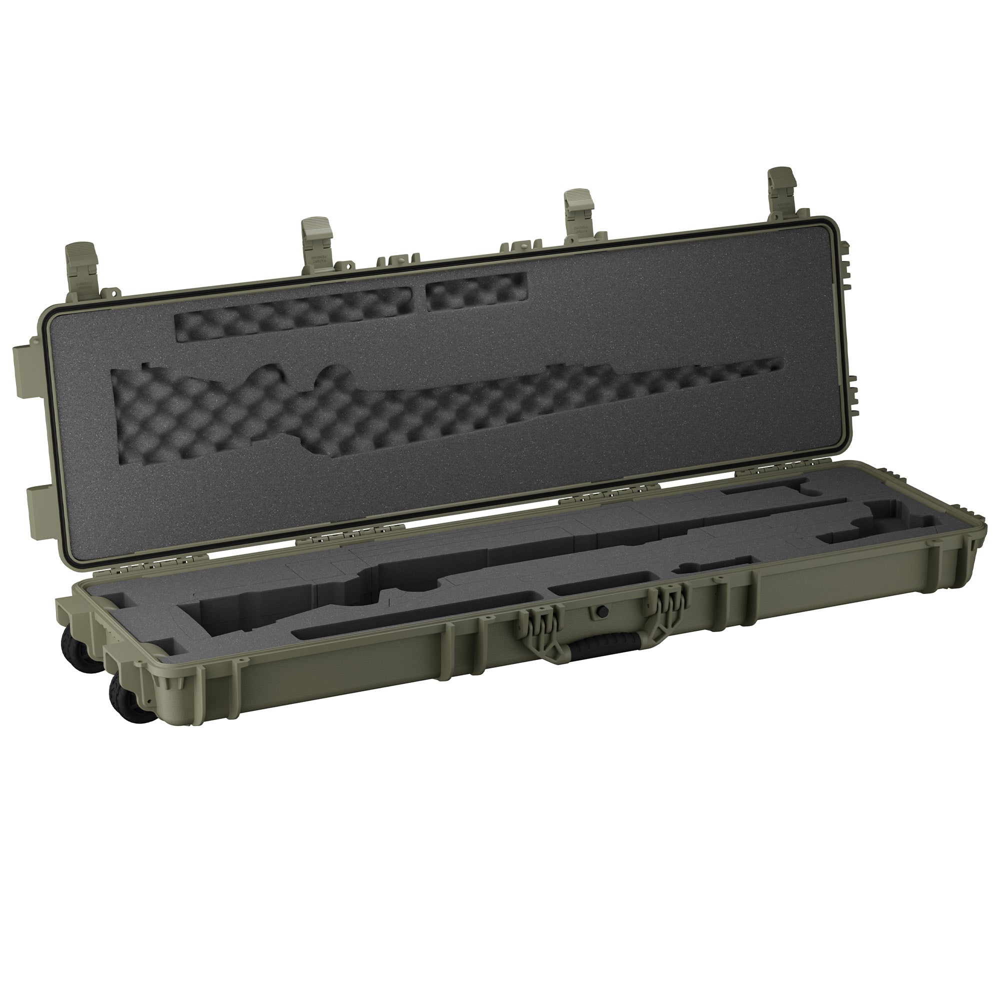 Olive green 55-inch hard gun case with foam interior, designed to hold two rifles securely during transport.