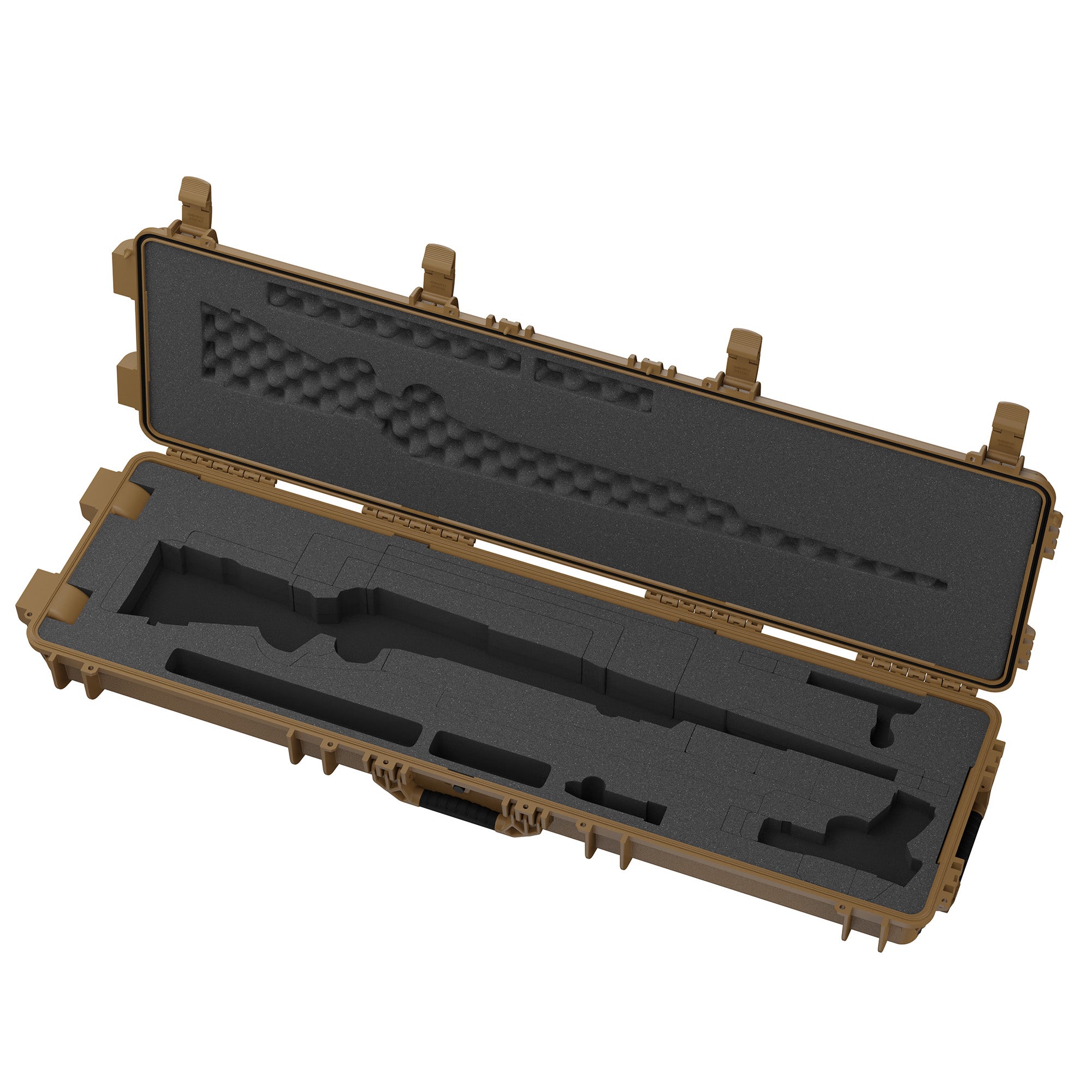 Open 55-inch tan gun case with foam interior designed to hold two firearms securely.