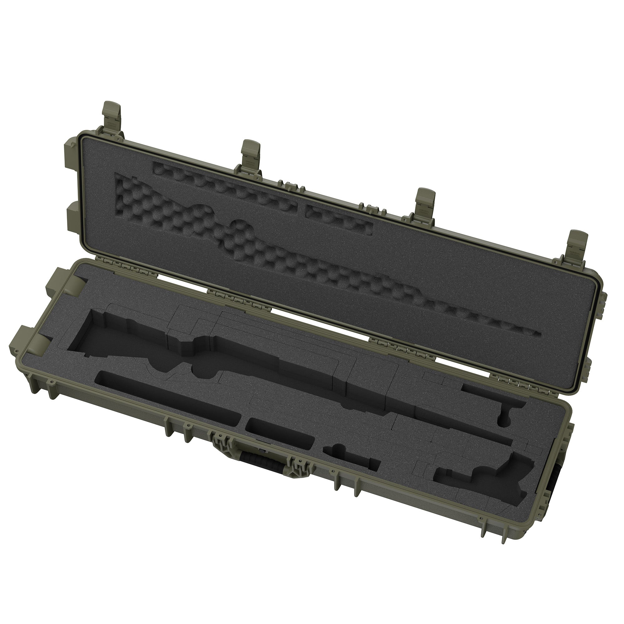 Open 55-inch green gun case with foam interior designed to hold two firearms securely.