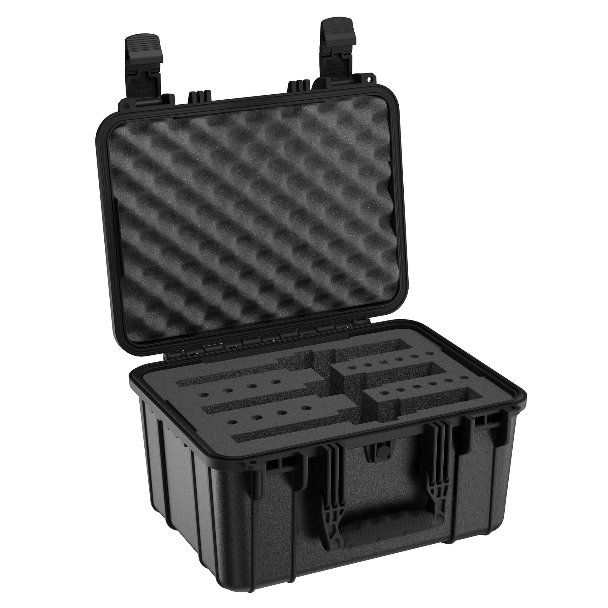 Durable 16-inch hard case with foam interior, designed to securely store and transport three revolvers. IP67 rated for waterproof and dustproof protection.