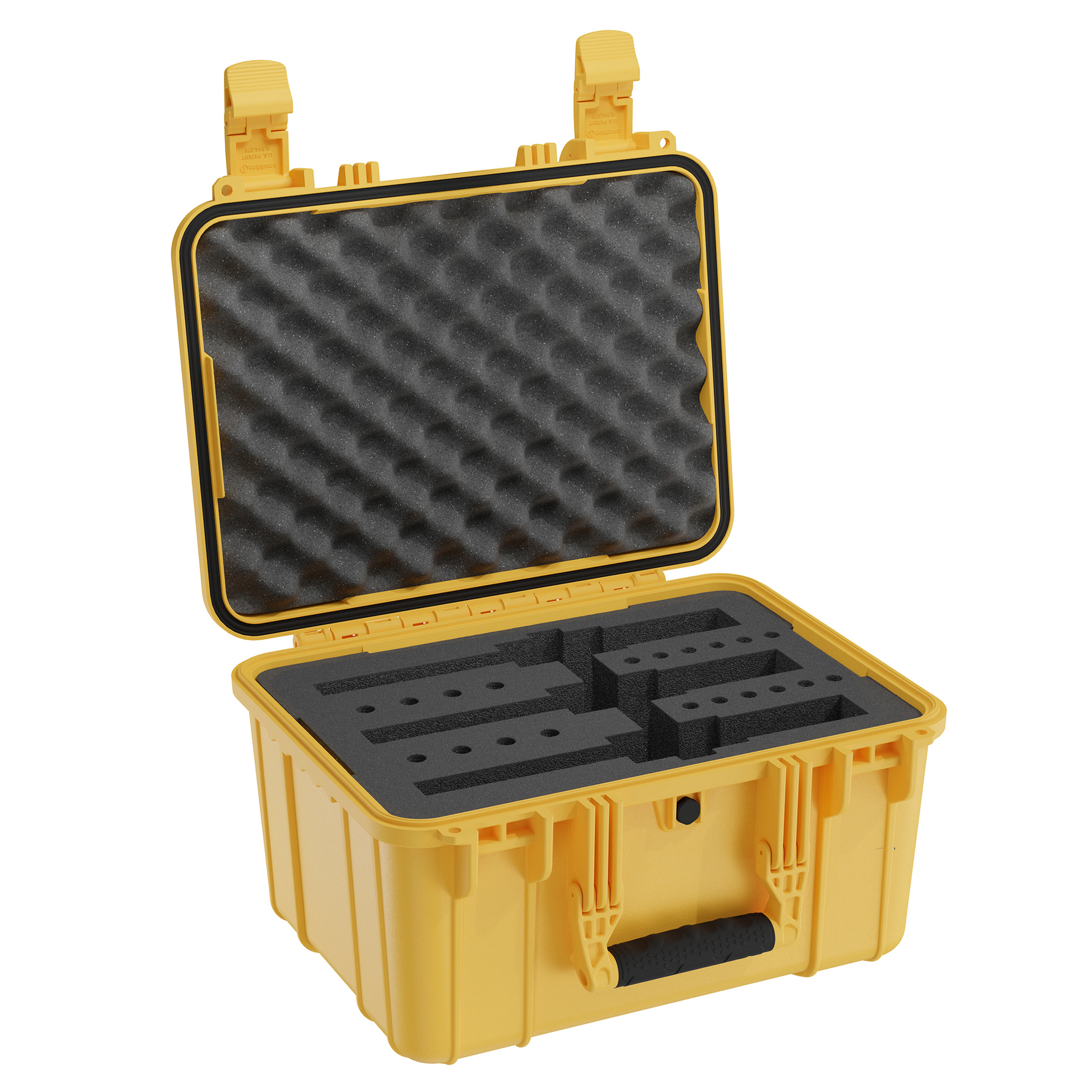 Durable 16-inch yellow hard case with foam interior, designed for securely storing three revolvers during transport.