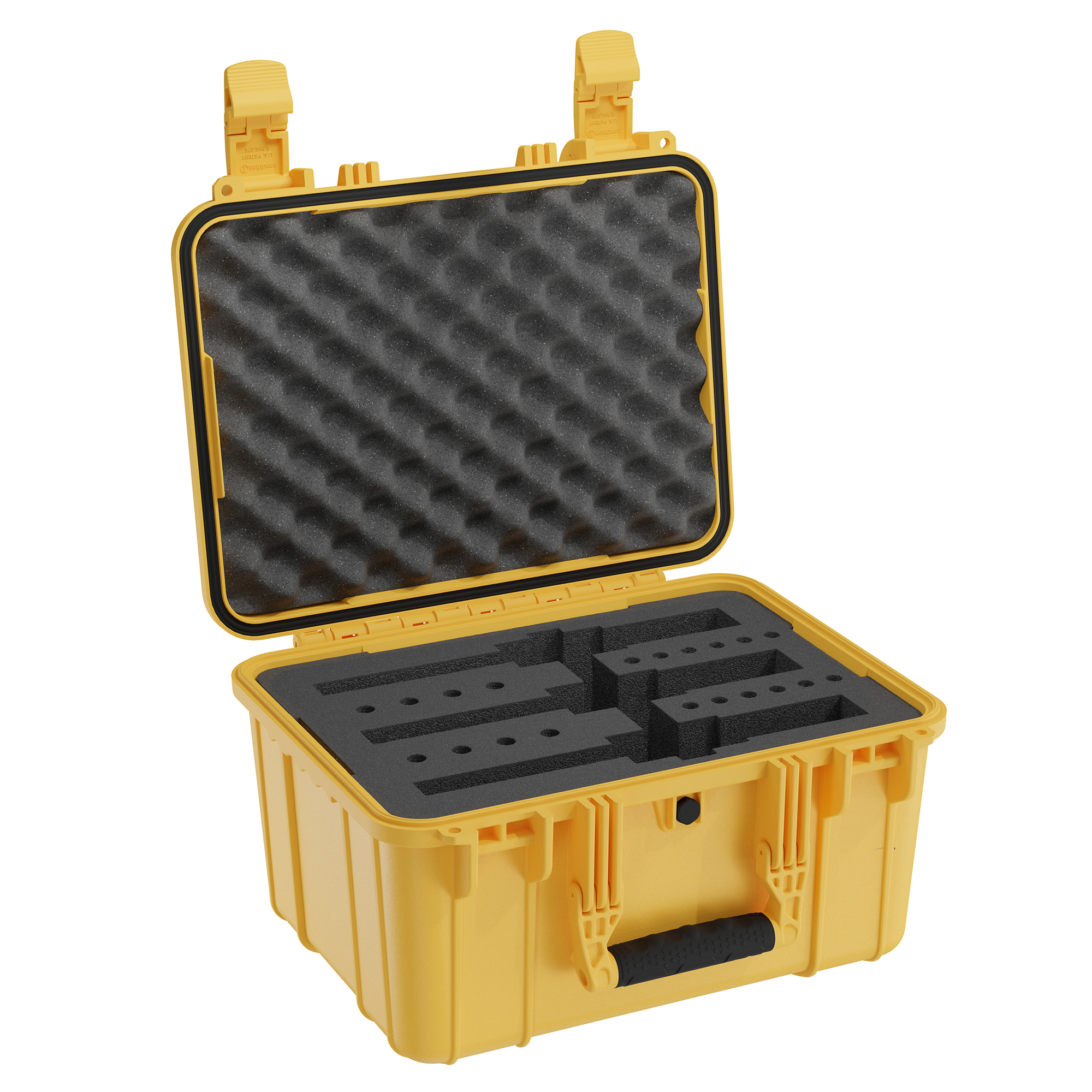 Durable 16-inch yellow hard case with foam interior, designed for securely storing three revolvers during transport.