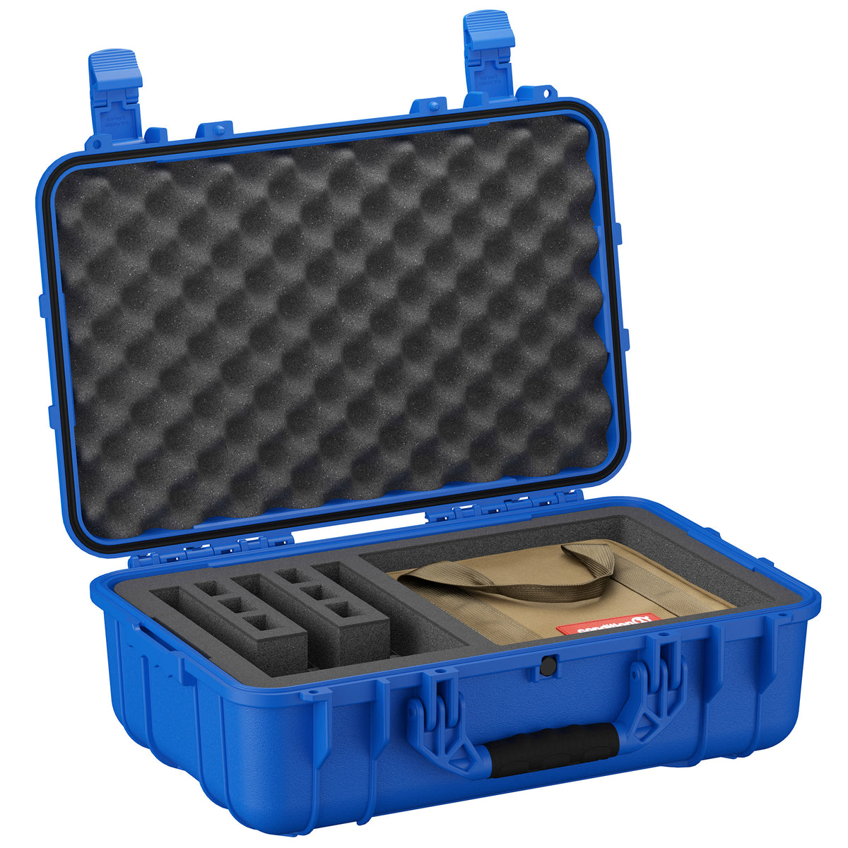 Alt text: Open blue 22-inch 3 Pistol + Range Bag #288 showing egg-crate foam in the lid, customizable pistol cutouts in bottom foam, and a detachable beige utility pouch in the main compartment.