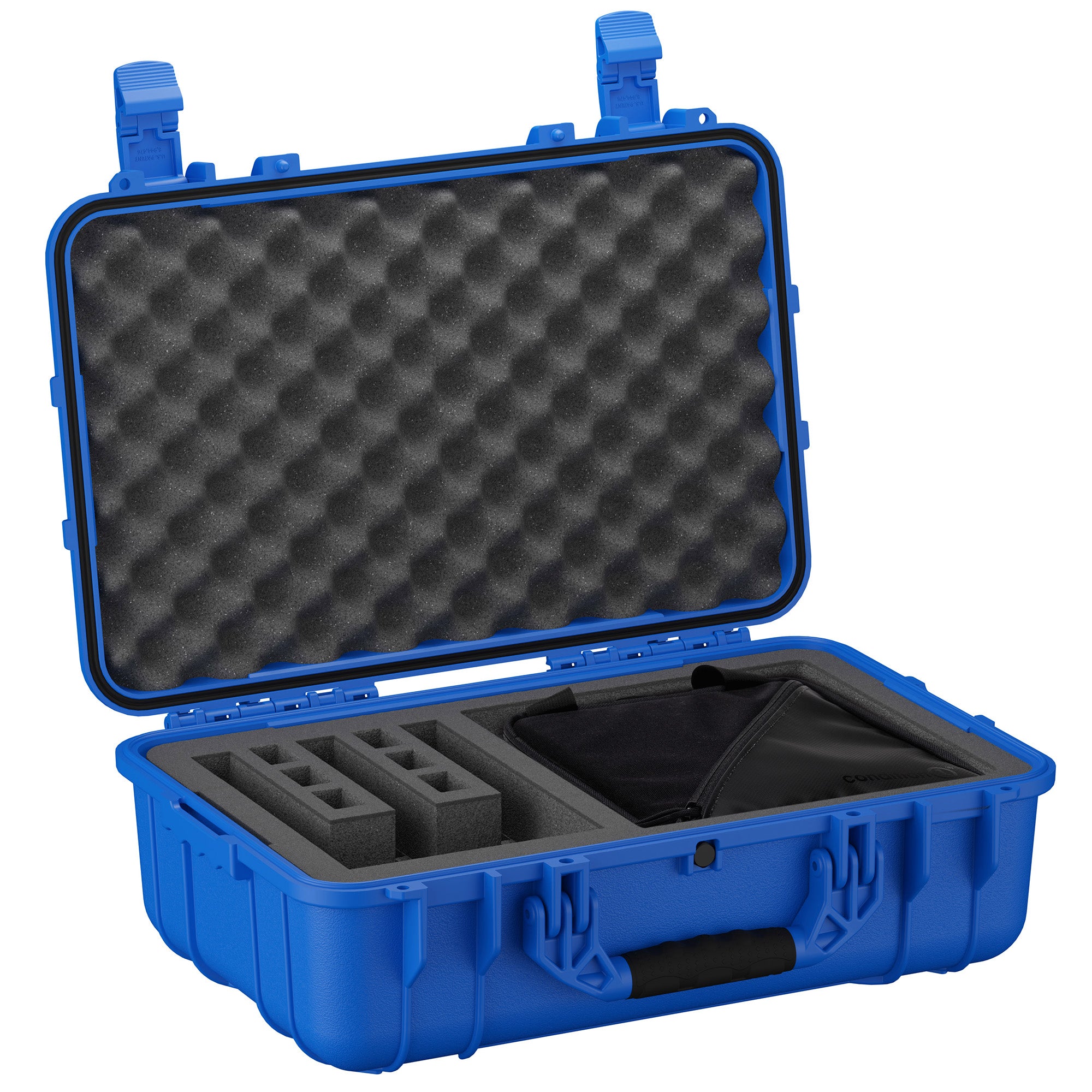 Blue hard-shell range bag with foam interior and compartments for 3 pistols, designed for safe storage and transport.