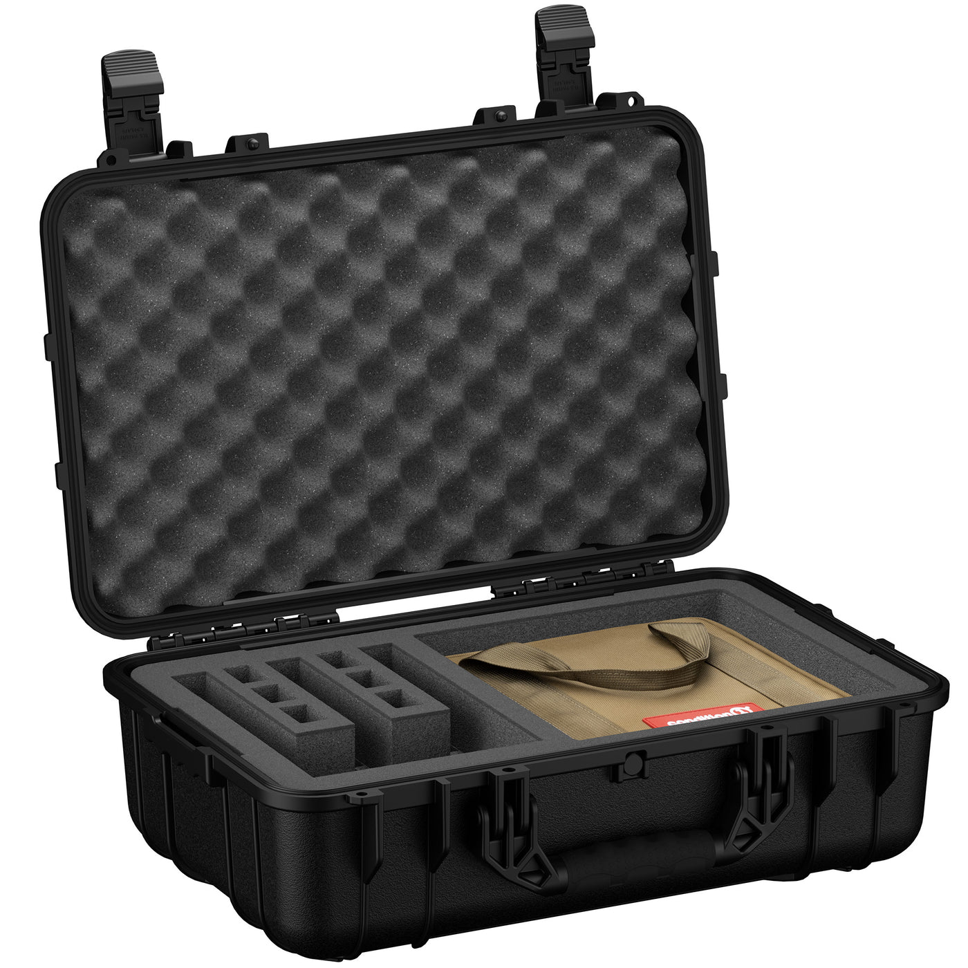 Alt text: "Open 22-inch black tactical range bag model #288, featuring compartments for three pistols, with the lid displaying egg-crate foam padding. The main compartment shows customizable foam inserts and a tan fabric pouch."