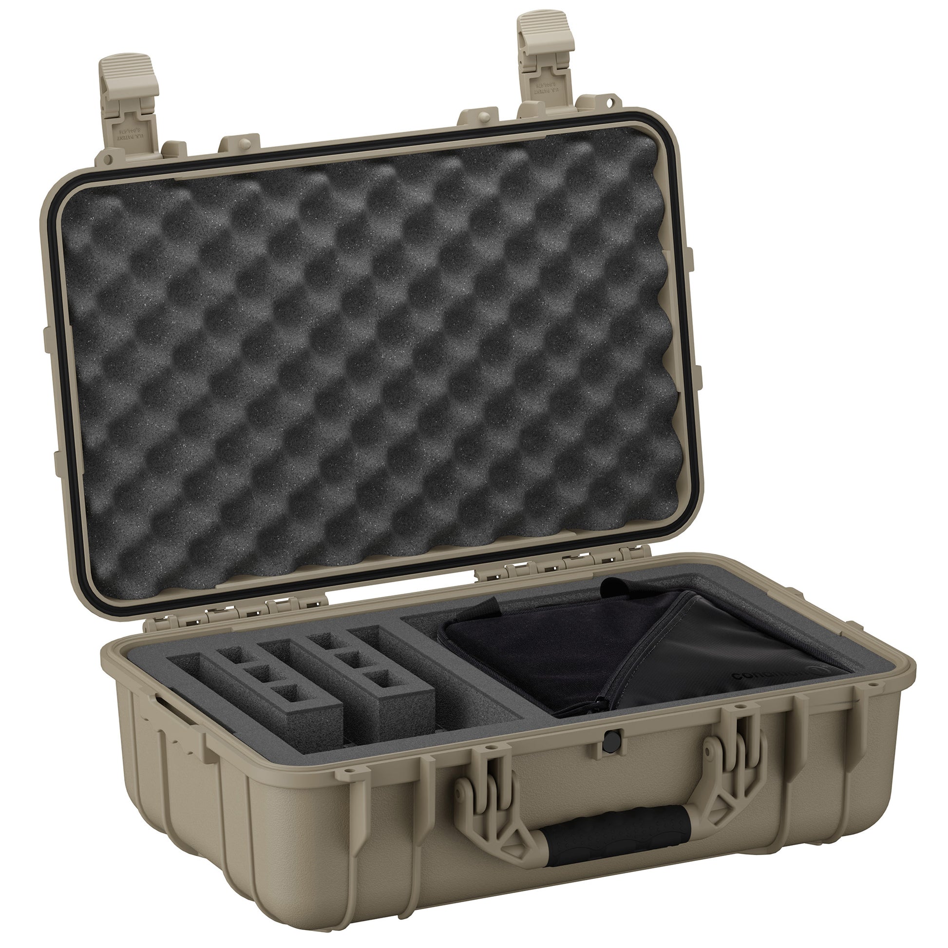 Hard beige 22-inch pistol and range bag with foam interior, multiple compartments, and secure latches for firearm storage.