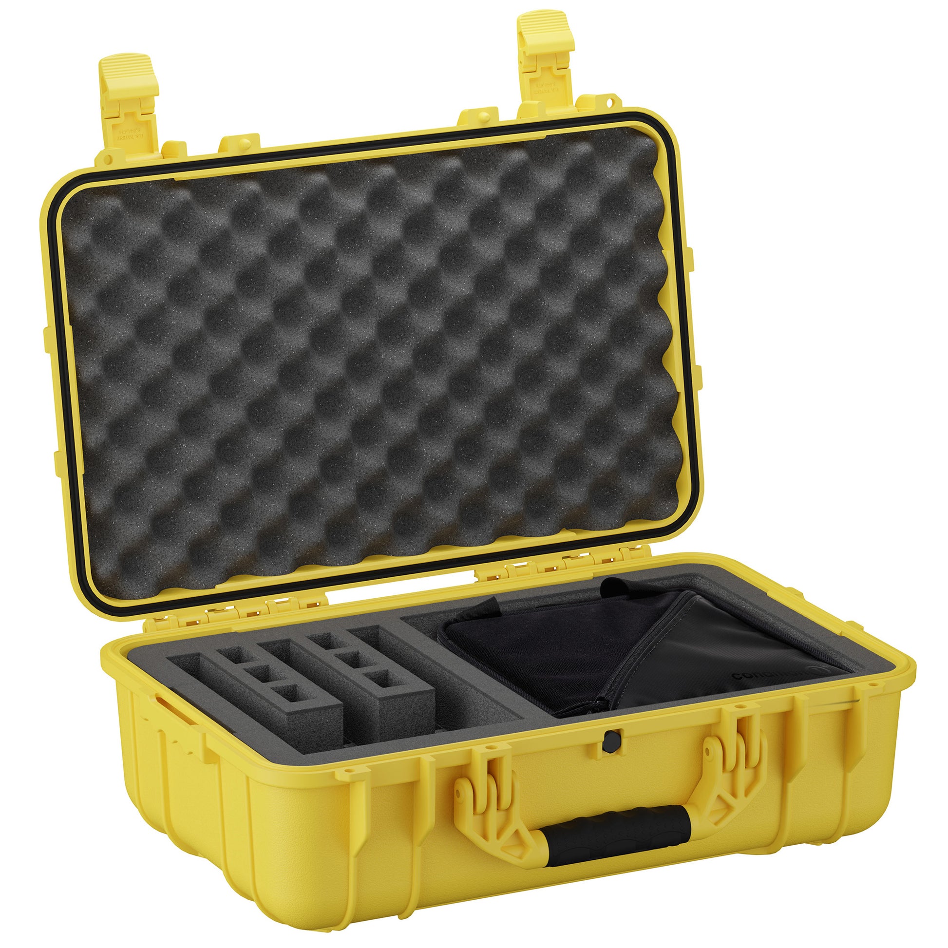 Yellow hard-shell range bag with foam-padded interior, designed for storing 22" 3 pistol set and accessories.