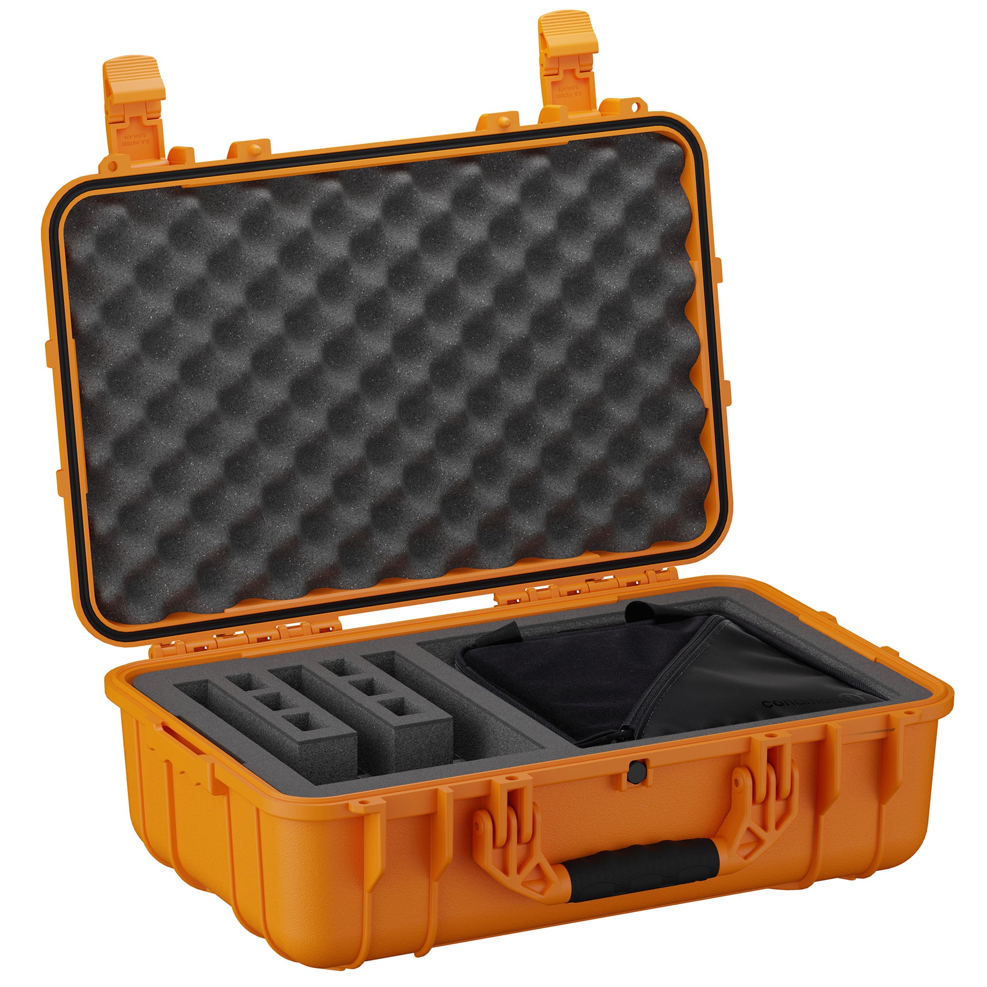 Orange hard-shell range bag with foam-padded interior, designed for storing 3 pistols and accessories, with a zippered pouch.