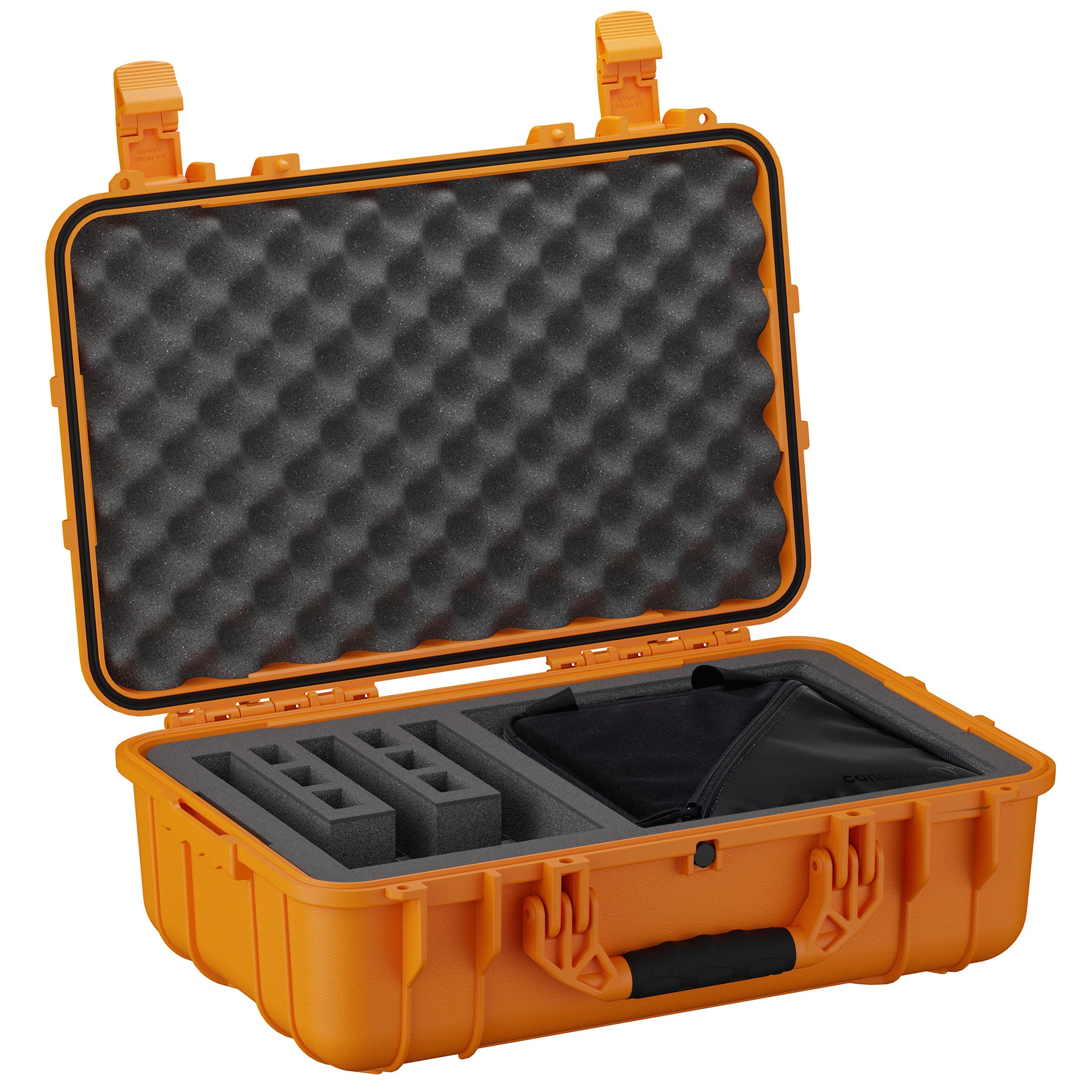 Orange hard-shell range bag with foam-padded interior, designed for storing 3 pistols and accessories, with a zippered pouch.