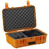 Orange hard-shell range bag with foam-padded interior, designed for storing 3 pistols and accessories, with a zippered pouch.