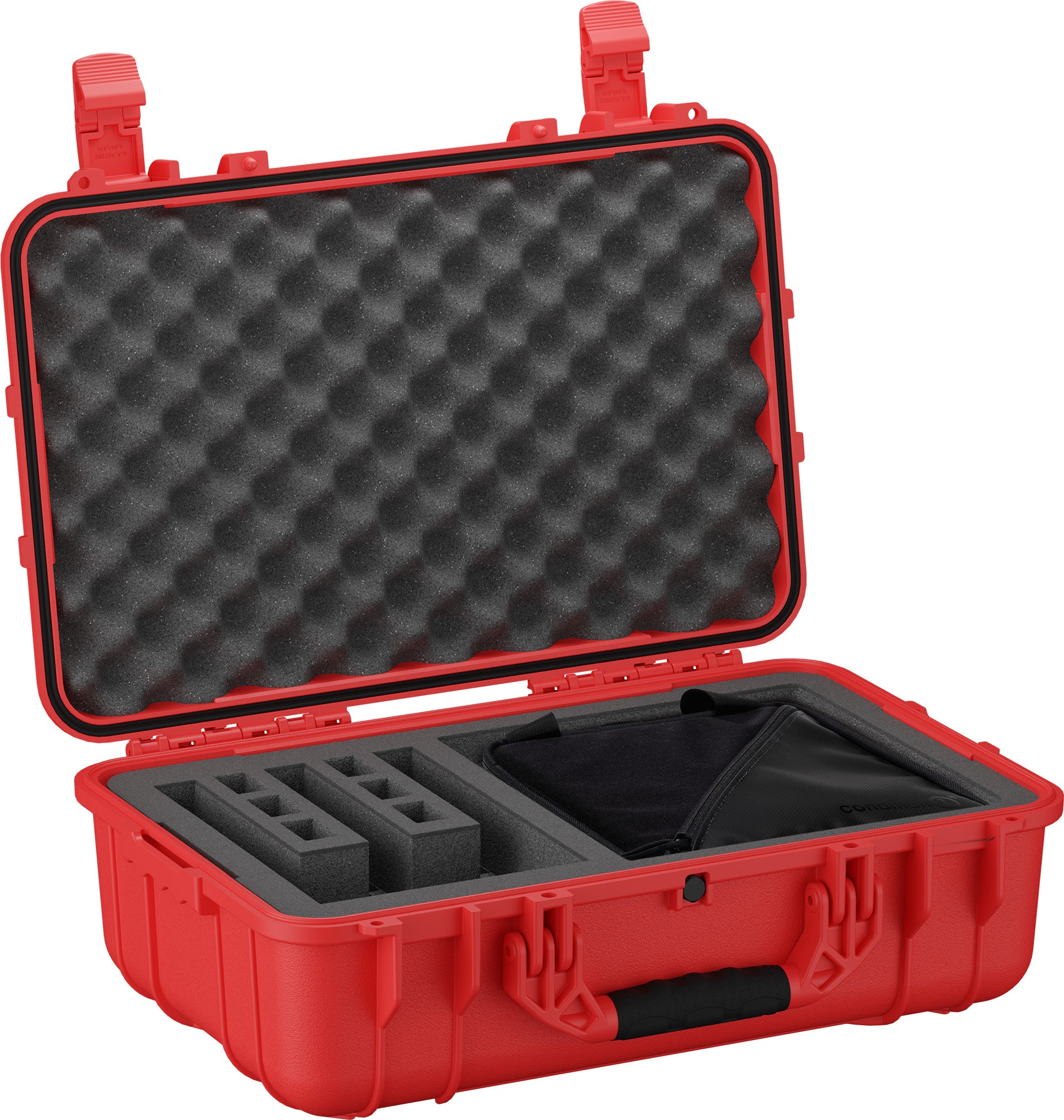 Red hard-shell gun case with foam padding, foam inserts for three pistols, and a black range bag inside.