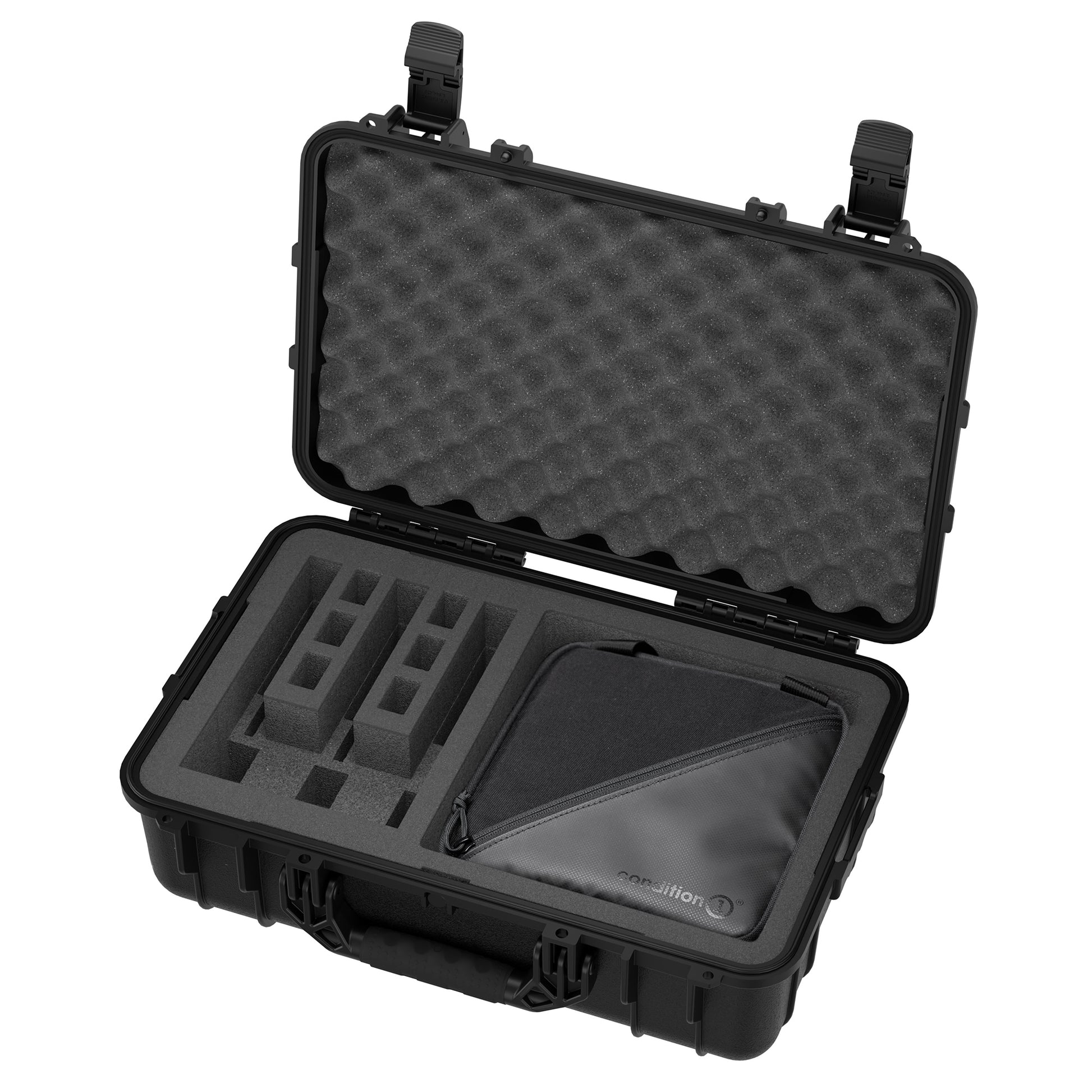 Open black hard case with foam padding, foam inserts for three pistols, and a zippered pouch inside, designed for firearm storage and transport.