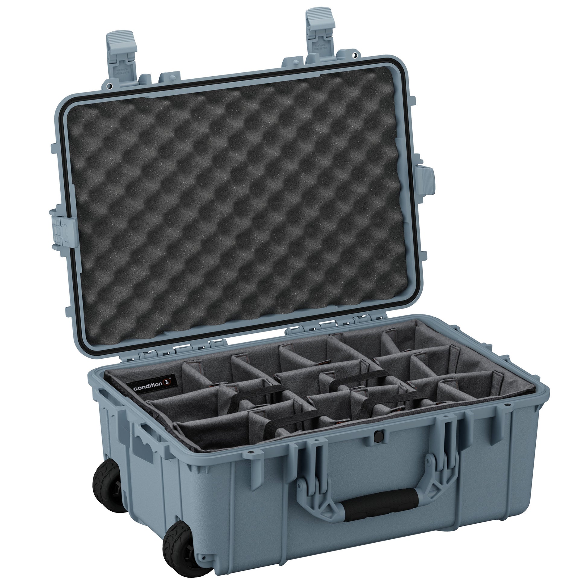 Durable 24-inch waterproof hard case with customizable foam interior and wheels for easy transport and protection.