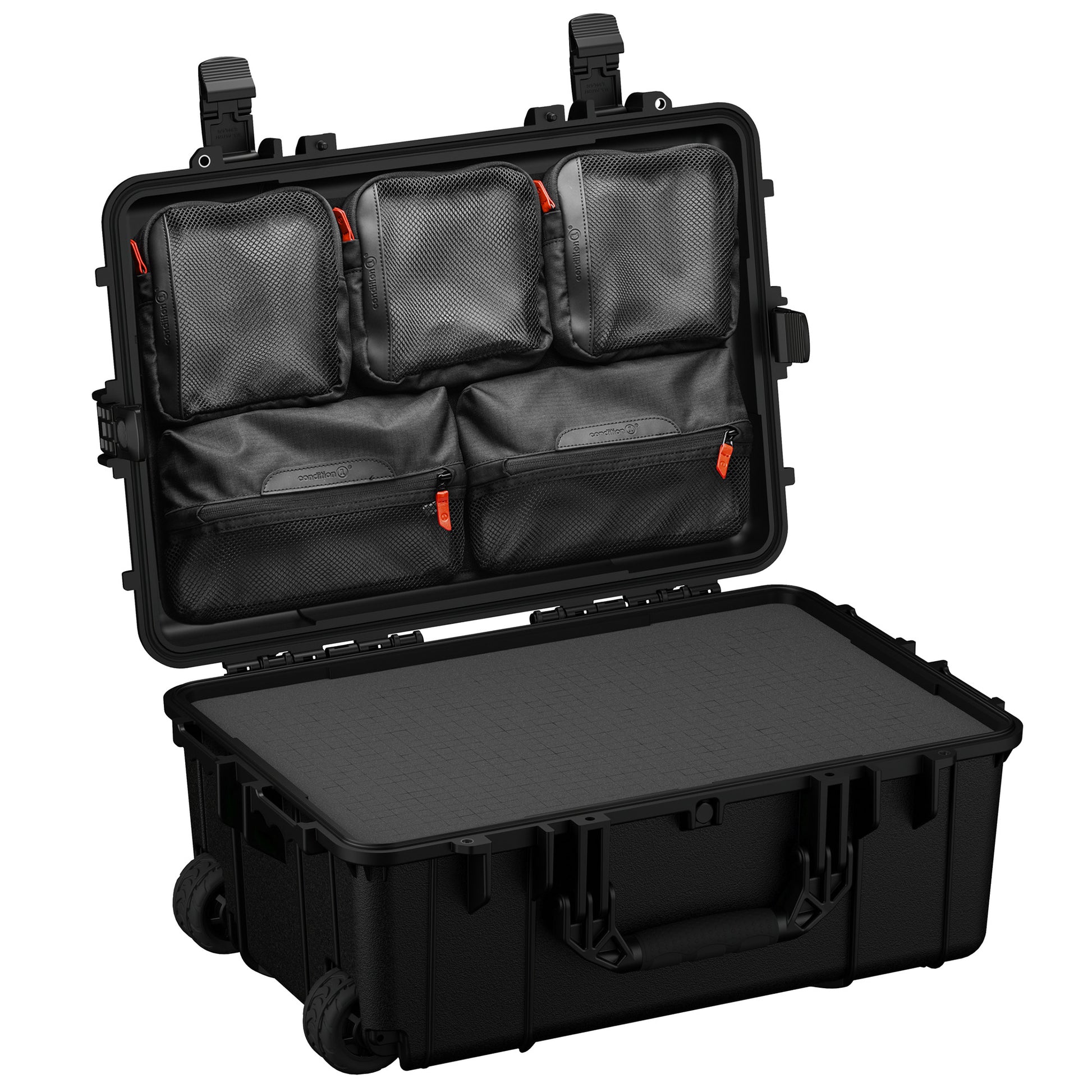 Large 24-inch waterproof hard case with three mesh pockets, designed for secure storage and transport of gear.