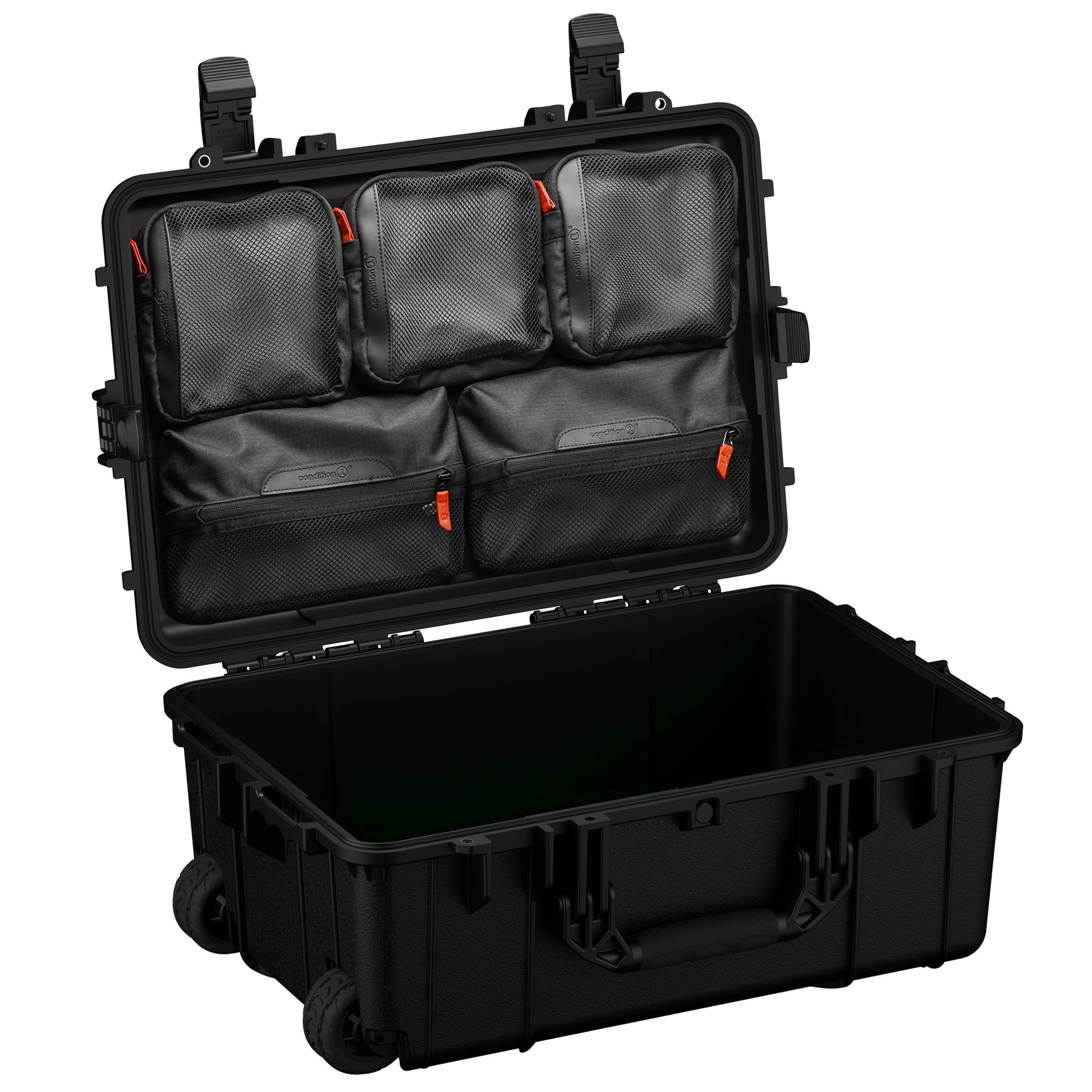 Large 24-inch waterproof hard case with removable mesh pockets, ideal for storing and transporting gear securely.