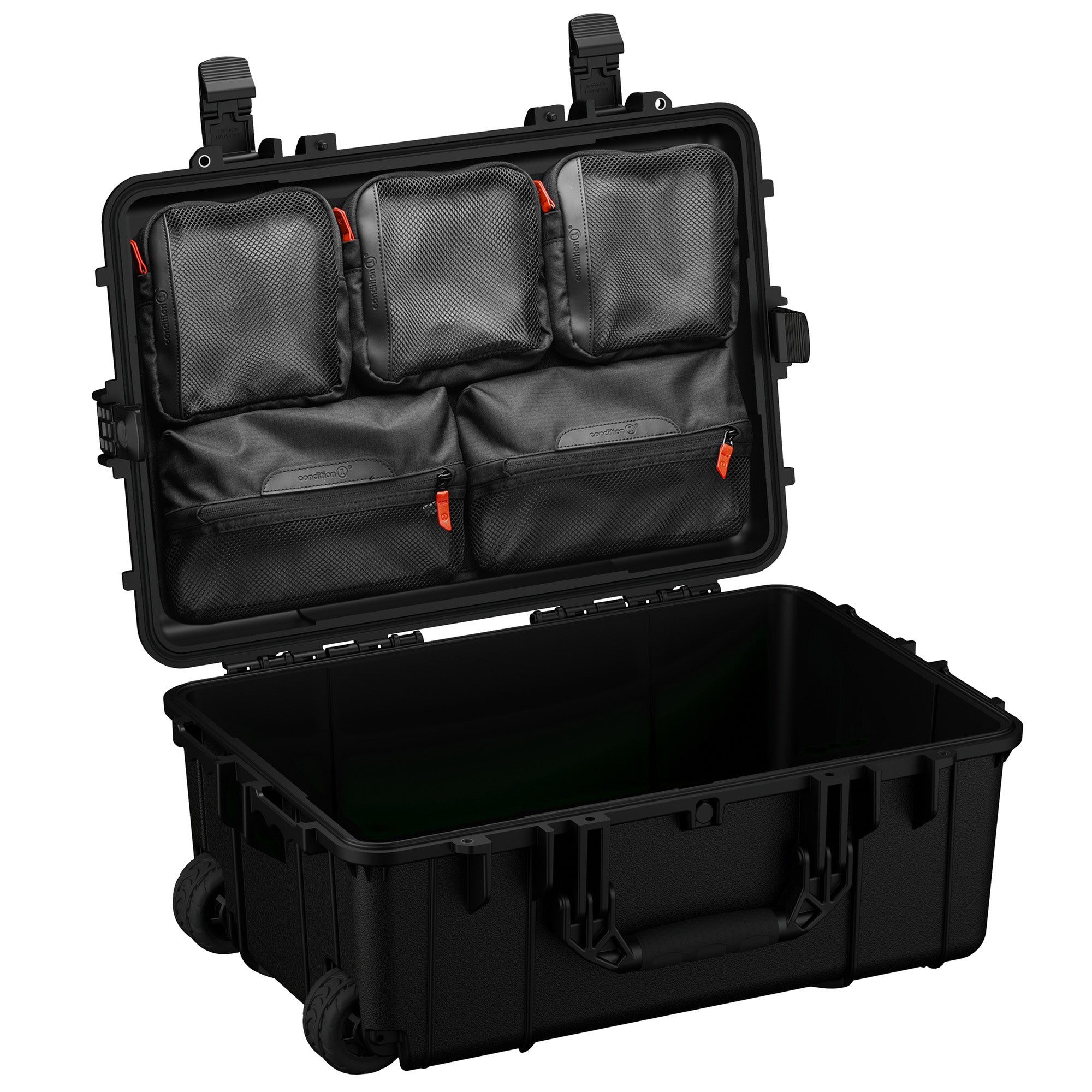 Large 24-inch waterproof hard case with removable mesh pockets, ideal for storing and transporting gear securely.