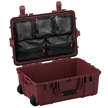 Large 24-inch waterproof hard case with wheels, featuring an open interior and organized mesh pockets in the lid.