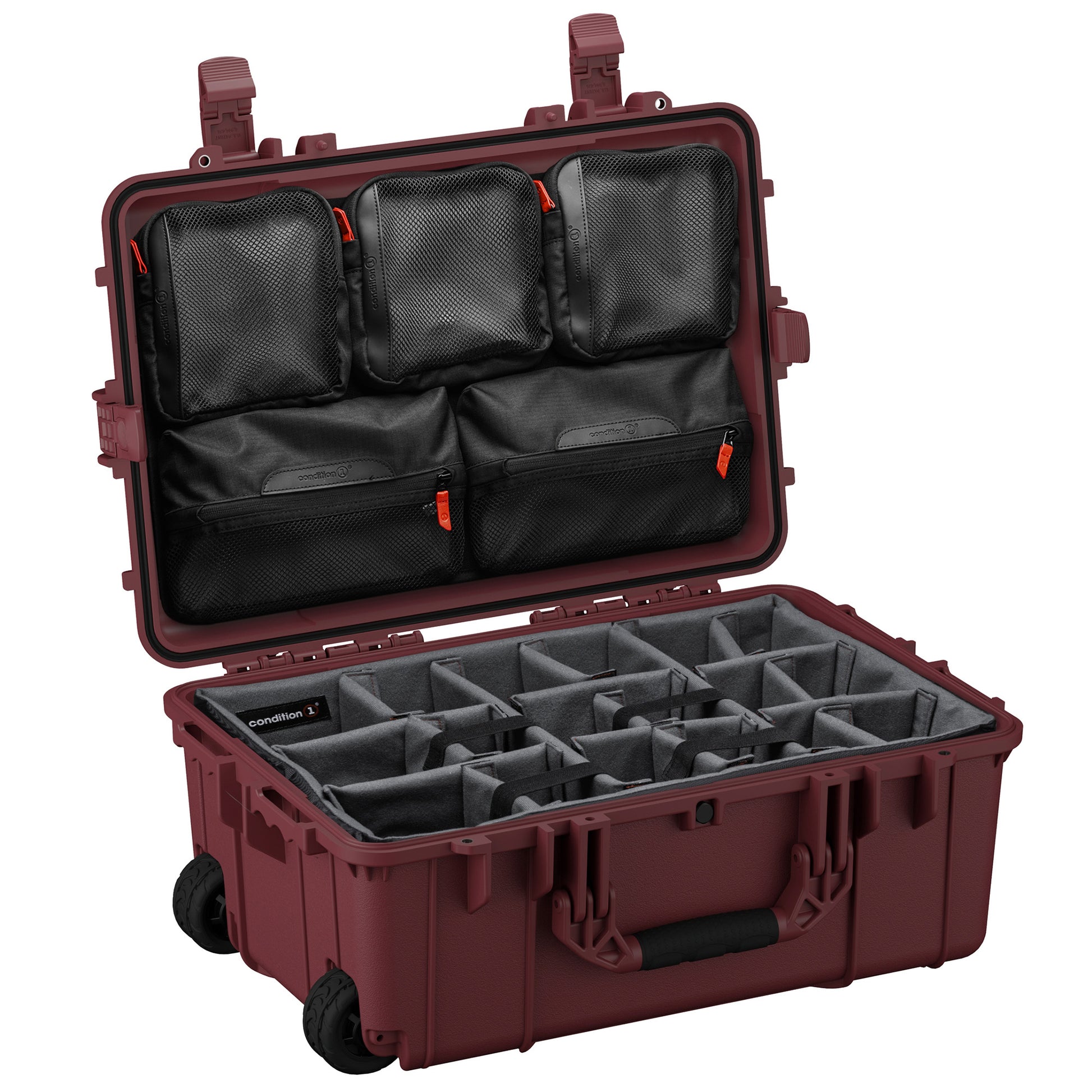 Large 24-inch hard case with customizable foam dividers and multiple mesh pockets for secure storage and transport.