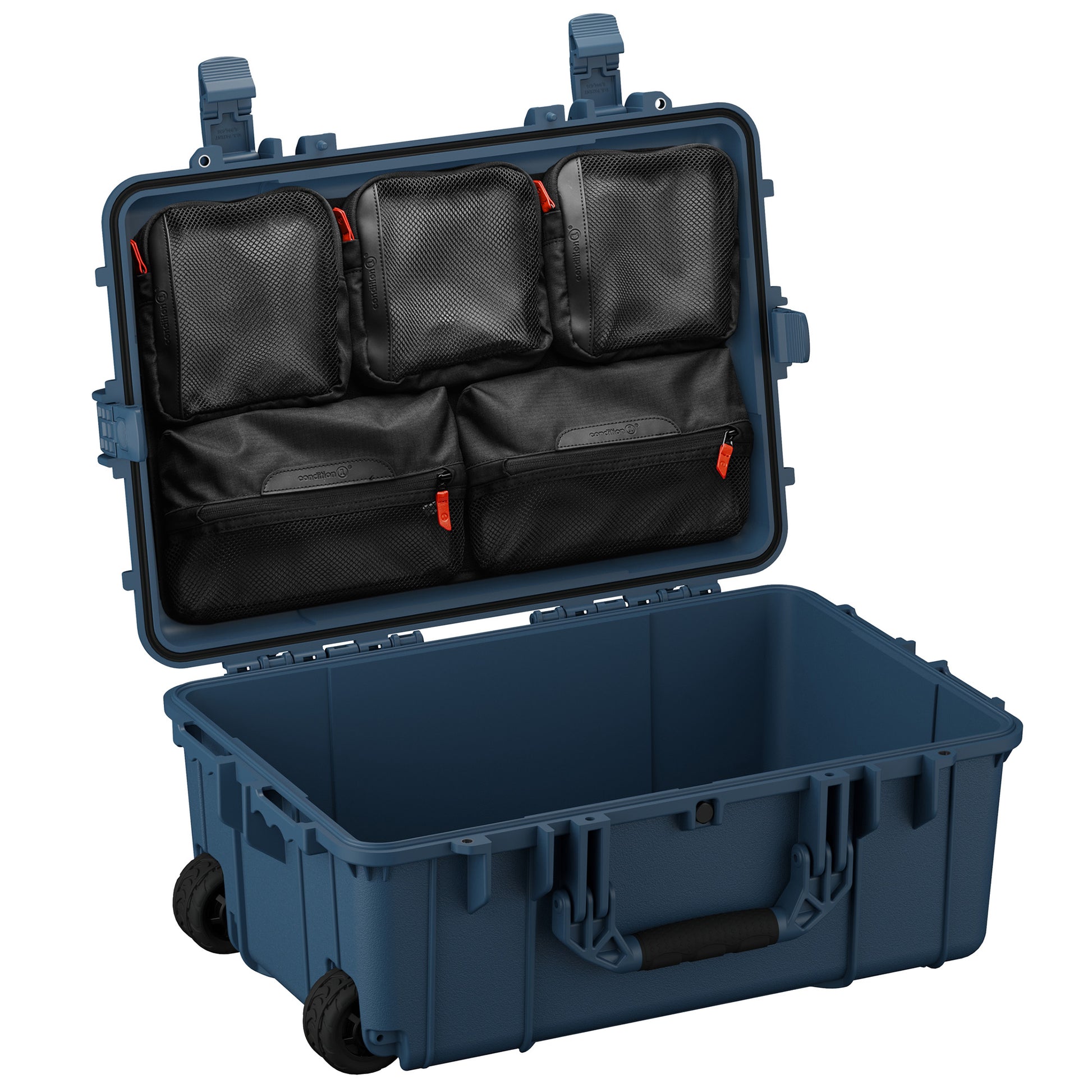 Durable 24-inch waterproof hard case with interior storage pockets, ideal for protecting electronics and gear.