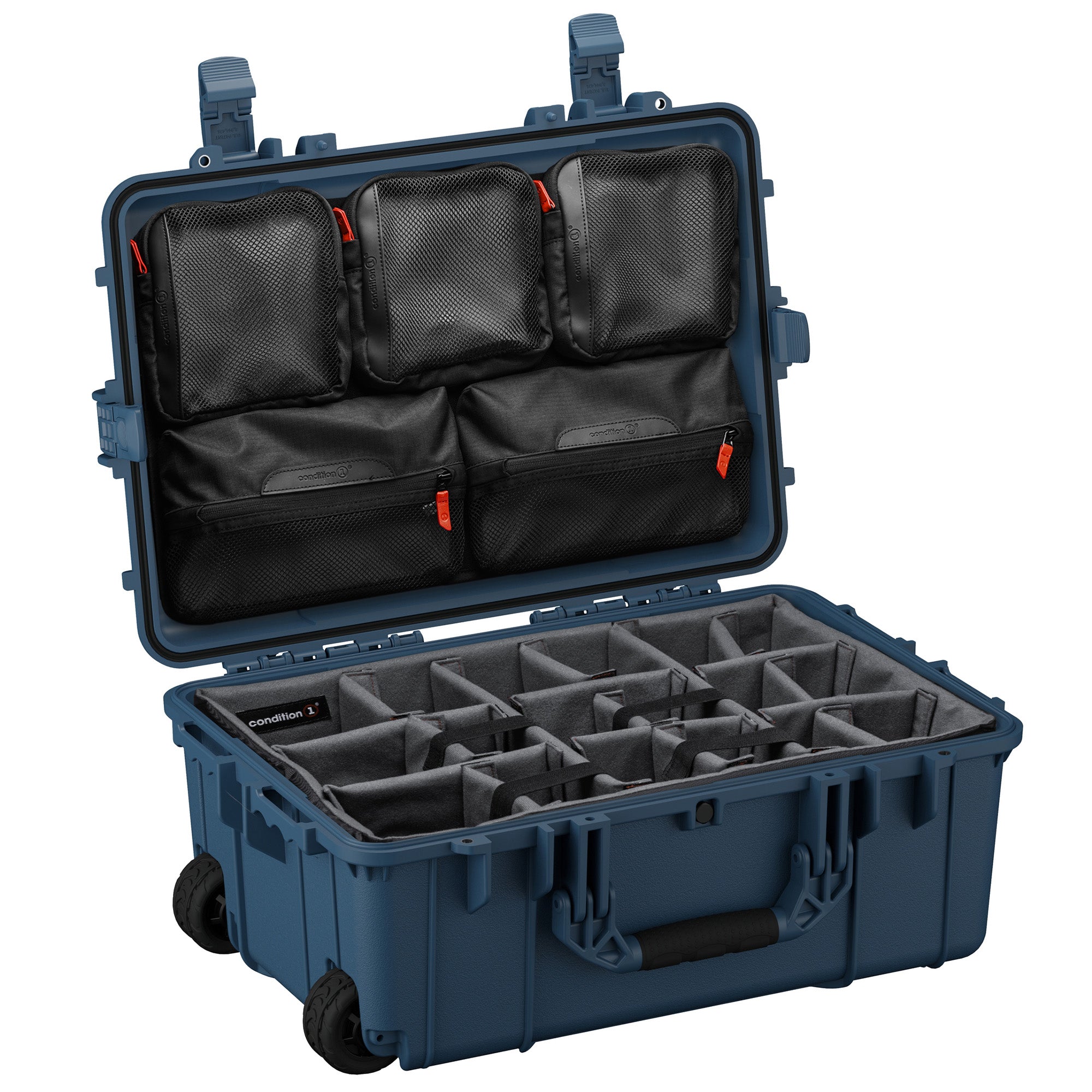 Large 24-inch hard case with customizable foam interior and multiple mesh pockets for organized storage and transport.