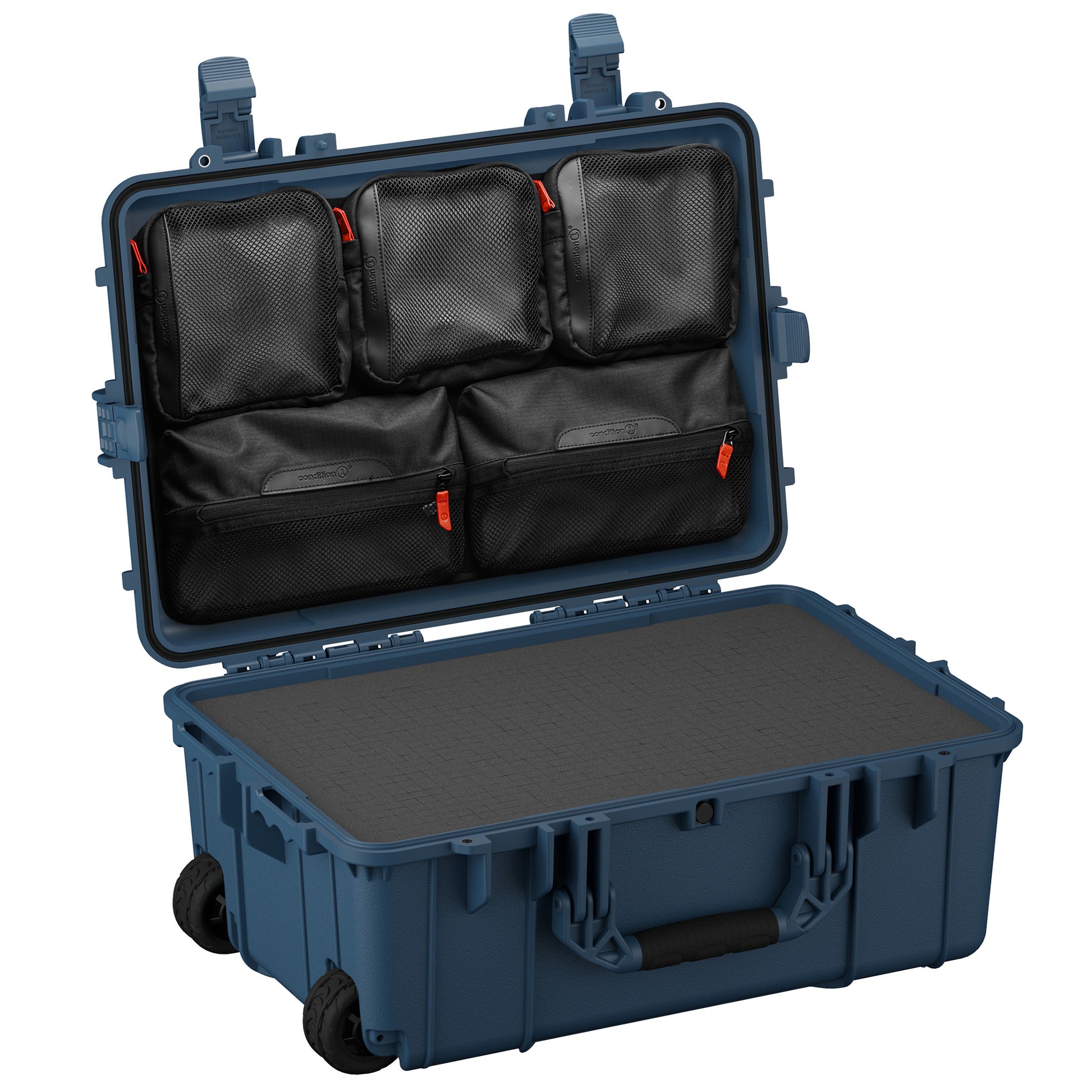 Durable 24-inch waterproof hard case with interior mesh pockets for organized storage and easy transport.