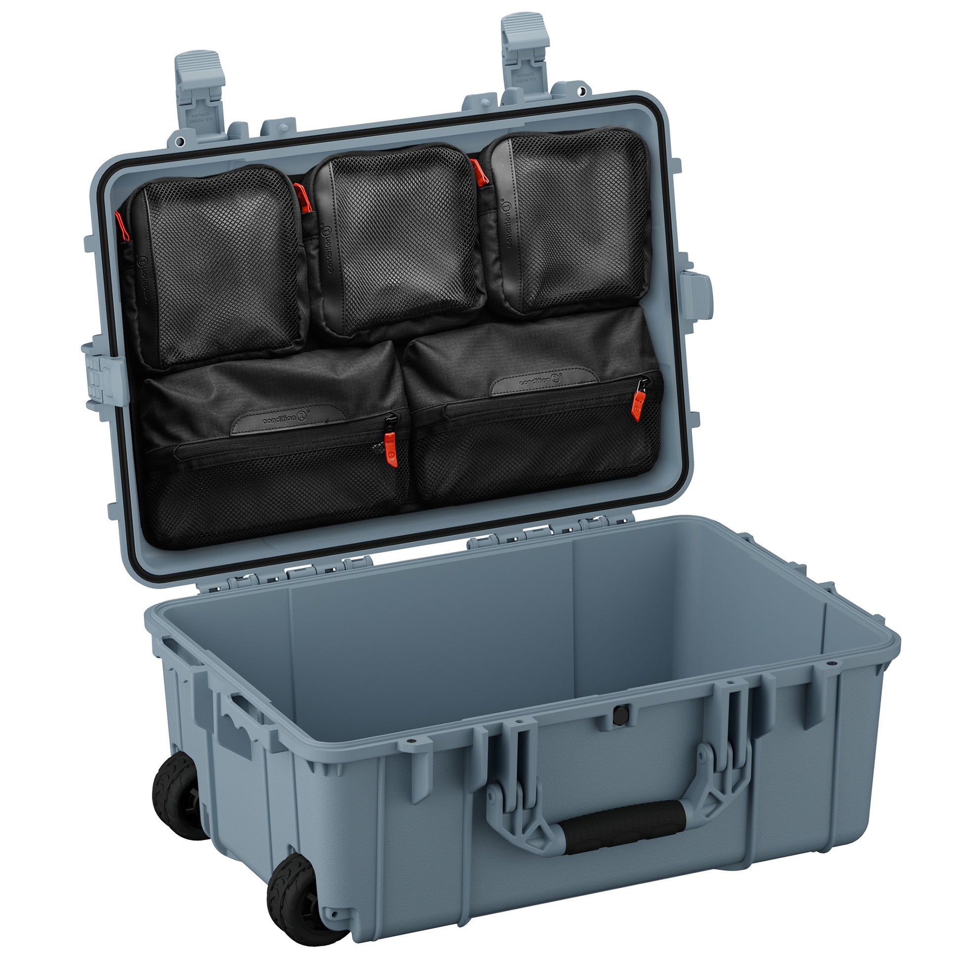 Durable 24-inch waterproof hard case with interior pockets, ideal for protecting electronics and gear during transport.