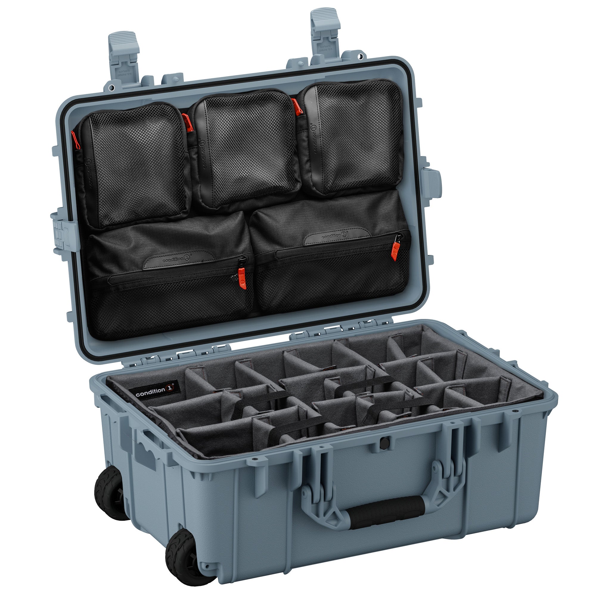 Large 24-inch waterproof hard case with customizable interior dividers and mesh pockets for secure gear storage.
