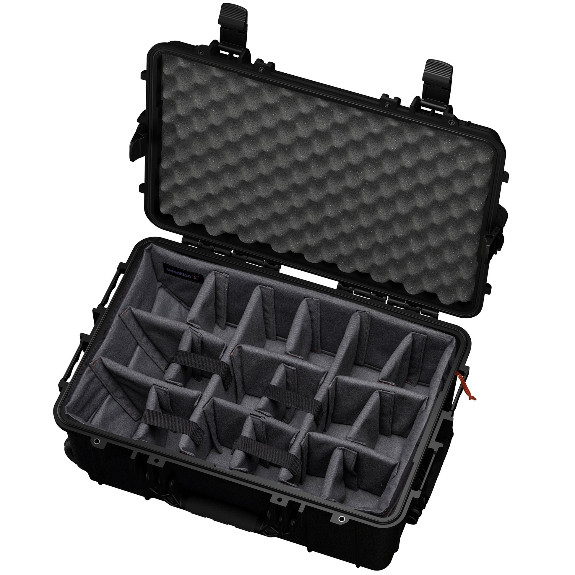 Large 24-inch hard case with customizable foam interior for secure storage of cameras and electronics, featuring a durable design.