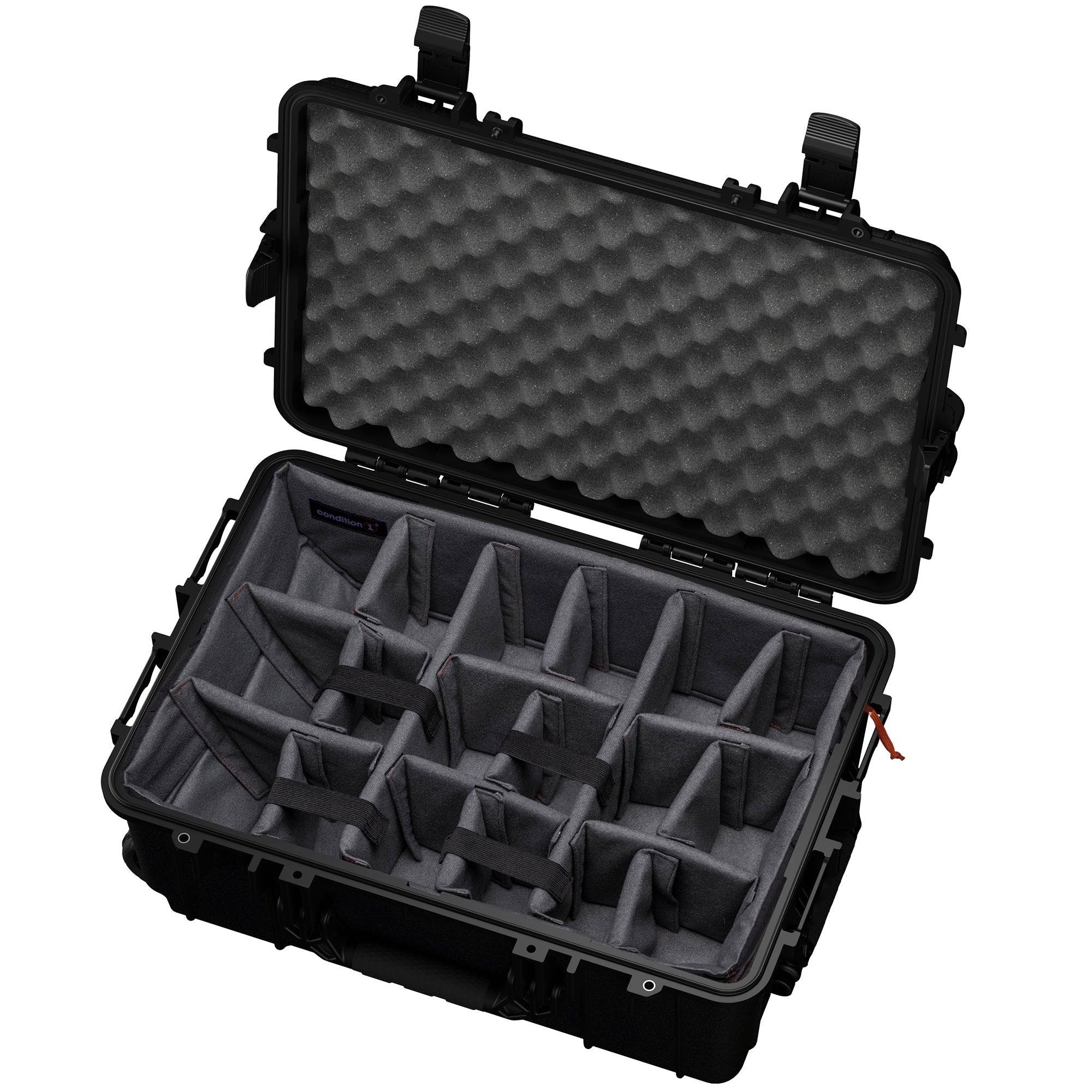 Large 24-inch hard case with customizable foam interior for secure storage of cameras and electronics, featuring a durable design.