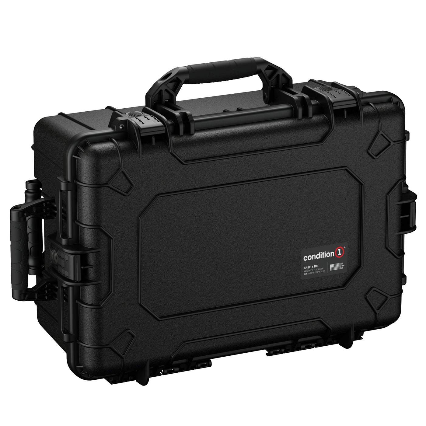 Alt text: "Black Condition 1 hard case model #305, 24-inch size, with sturdy handle and secure latches, designed for durability and protection."