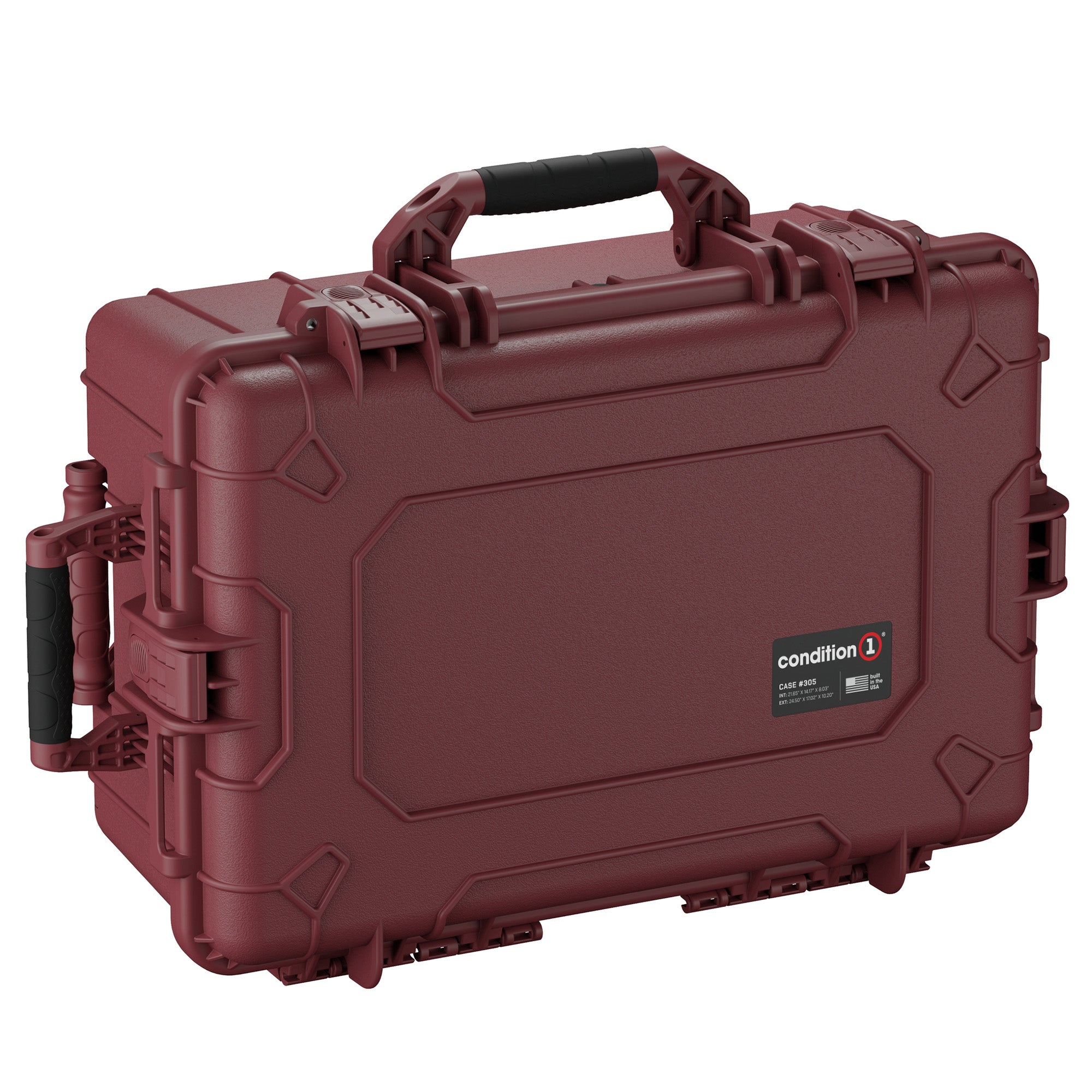 Alt text: "Condition 1 large 24-inch protective hard case in maroon color, featuring durable handles and secure latch closures, model #305, designed for safe and robust equipment storage."