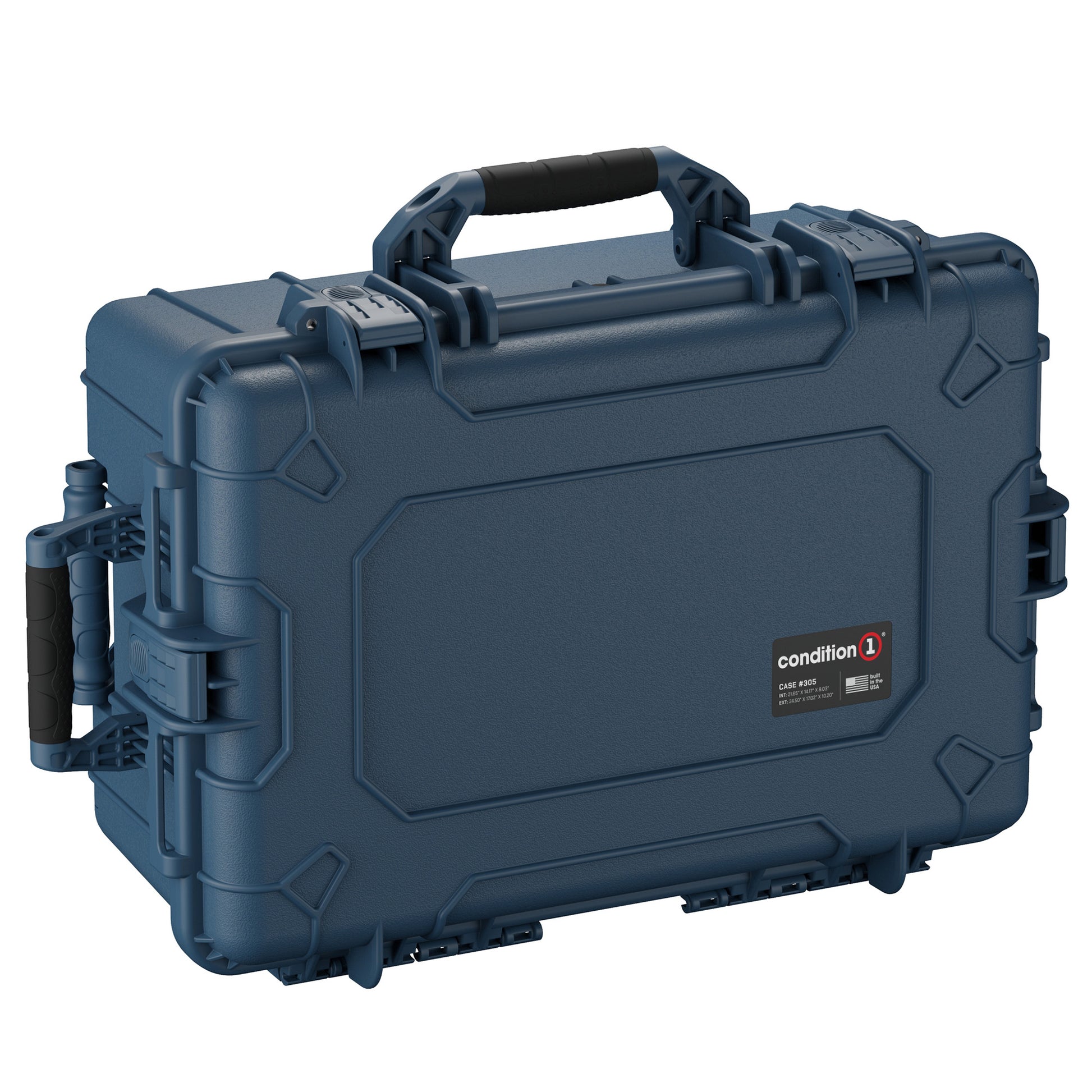 Alt text: "Blue Condition 1 hard protective case, model #305, featuring a durable handle, two side latches, and an additional side handle, designed for secure equipment storage and transportation."