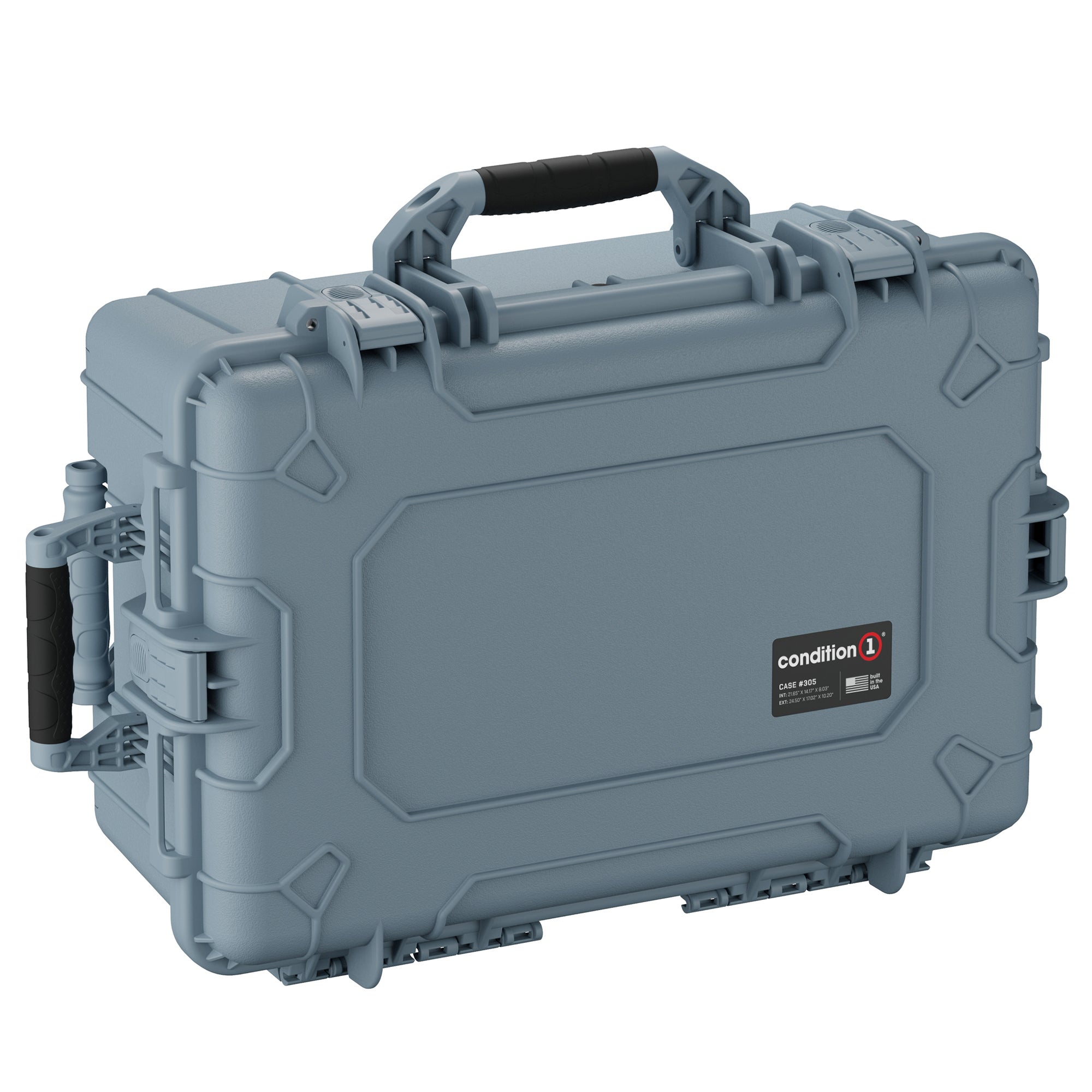 Alt text: A 24-inch large gray hard case by Condition 1, model #305, featuring heavy-duty handles and reinforced locking mechanisms, ideal for secure transport and storage of sensitive equipment.
