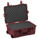 Alt text: Open large maroon protective case with foam interior, showcasing rugged design with wheels and double latches, suitable for secure equipment storage and transportation.