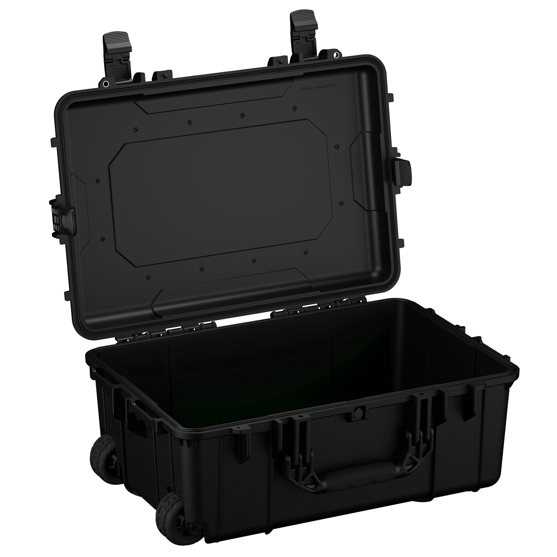 Alt text: "Open large black protective case, model #305, 24 inches, featuring rugged wheels and dual locking clasps, with a durable handle and a reinforced hexagonal pattern on the lid."