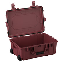 Alt text: "Large 24-inch maroon protective case #305, open and featuring a rugged design, sturdy dual locking latches, and built-in wheels for mobility, viewed on a white background."