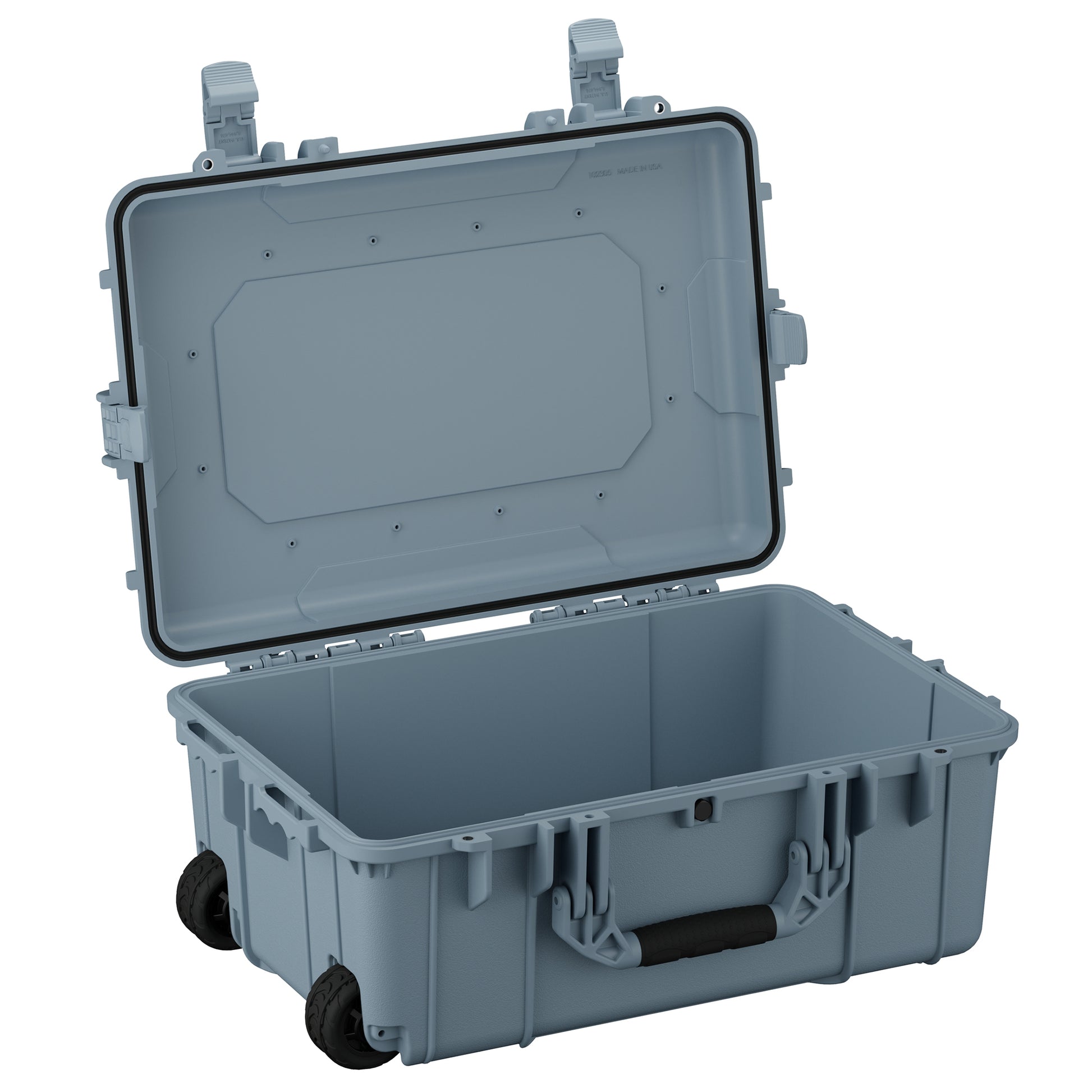 Alt text: "Open 24-inch large protective case model #305, featuring rugged grey exterior with wheels, sturdy handles, and reinforced corners, displayed with lid open showing empty interior."