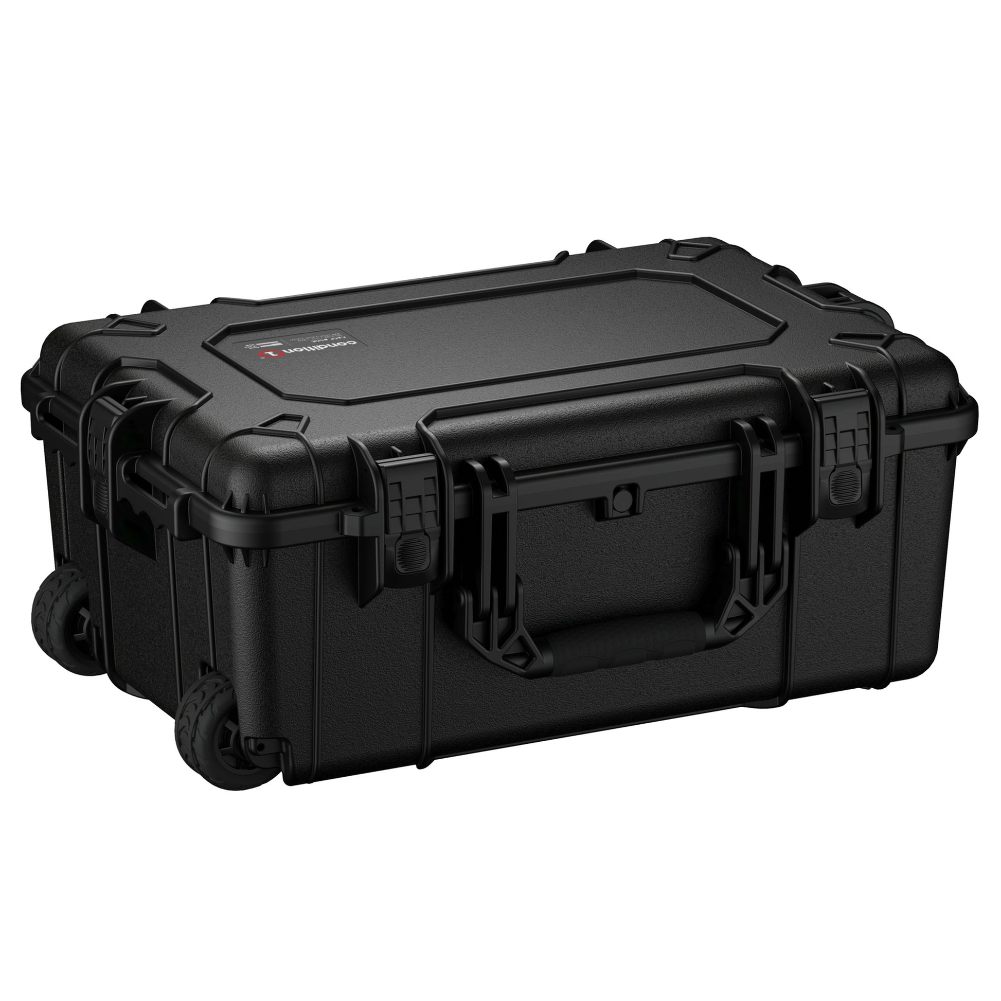 Alt text: "Black, sturdy 24-inch large protective case with wheels and robust handles, featuring reinforced corners and a secure locking mechanism, labeled as Case #305."