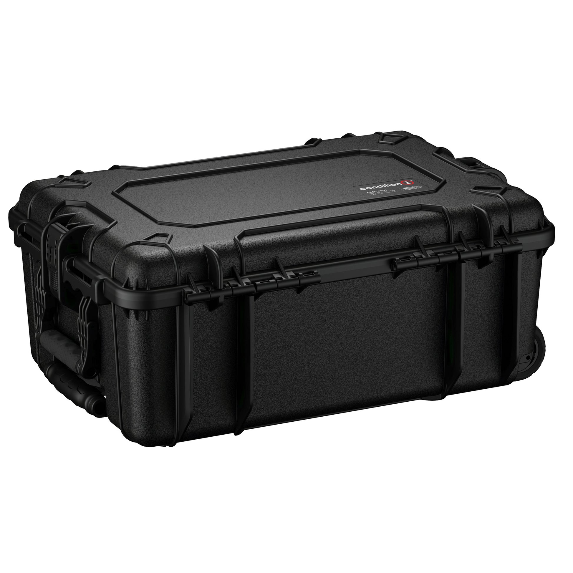 Alt text: "Black, rugged 24-inch large protective case, model #305, featuring reinforced corners, secure latches, and a sturdy handle for safe transport of valuable equipment."