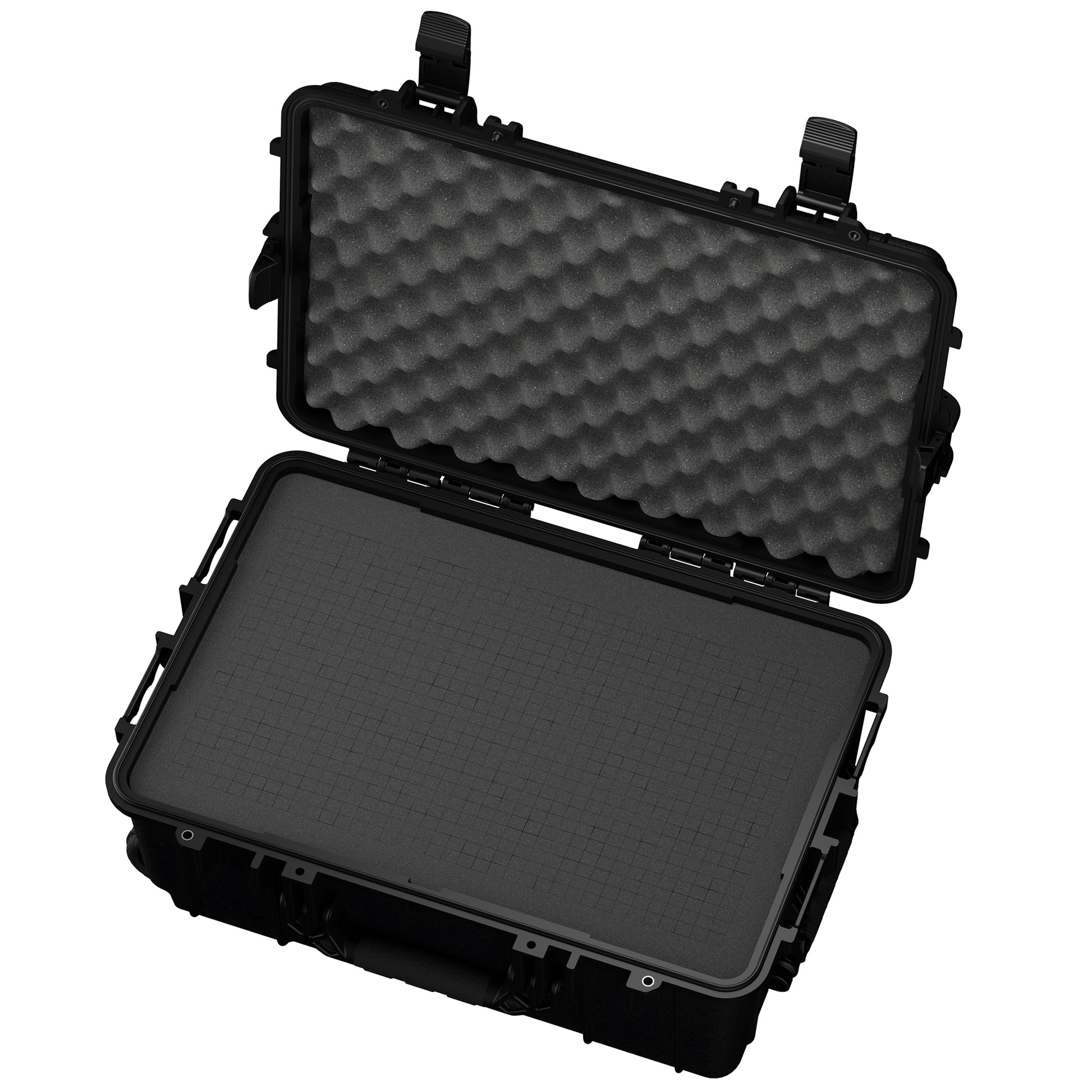 Alt text: "Open 24-inch large protective case, model #305, displaying foam-padded interior with grid pattern on the base for customizable protective inserts."