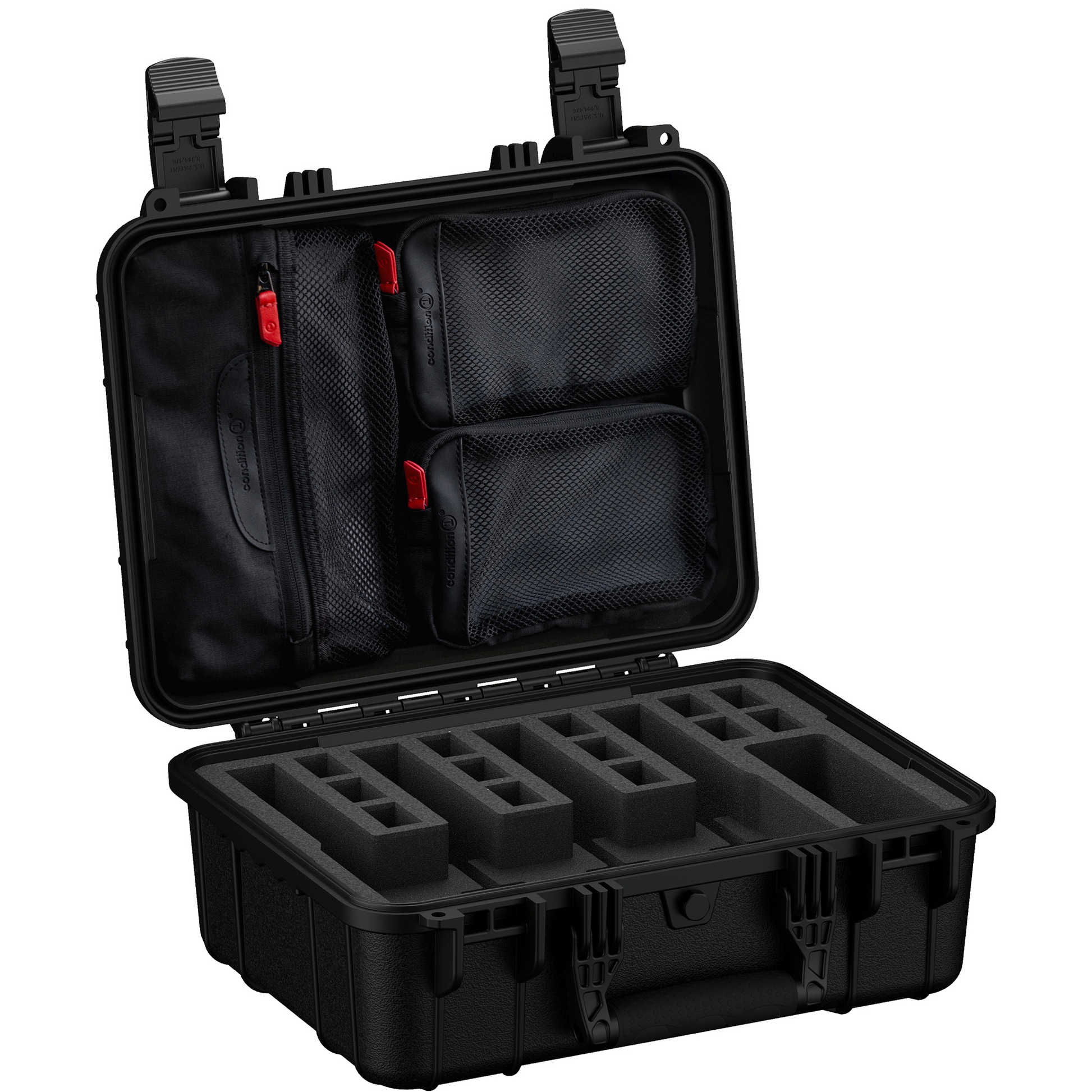 Durable 16-inch hard case designed for securely storing up to four pistols with customizable foam inserts and accessory pockets.