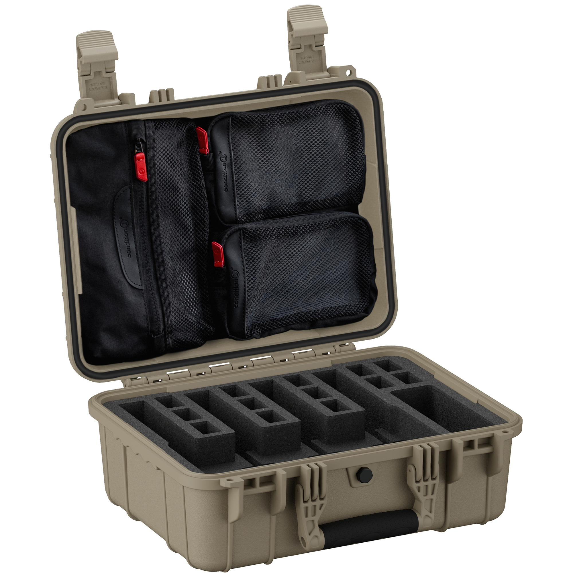 16-inch hard case designed for four pistols, featuring customizable foam inserts and storage pockets for accessories.