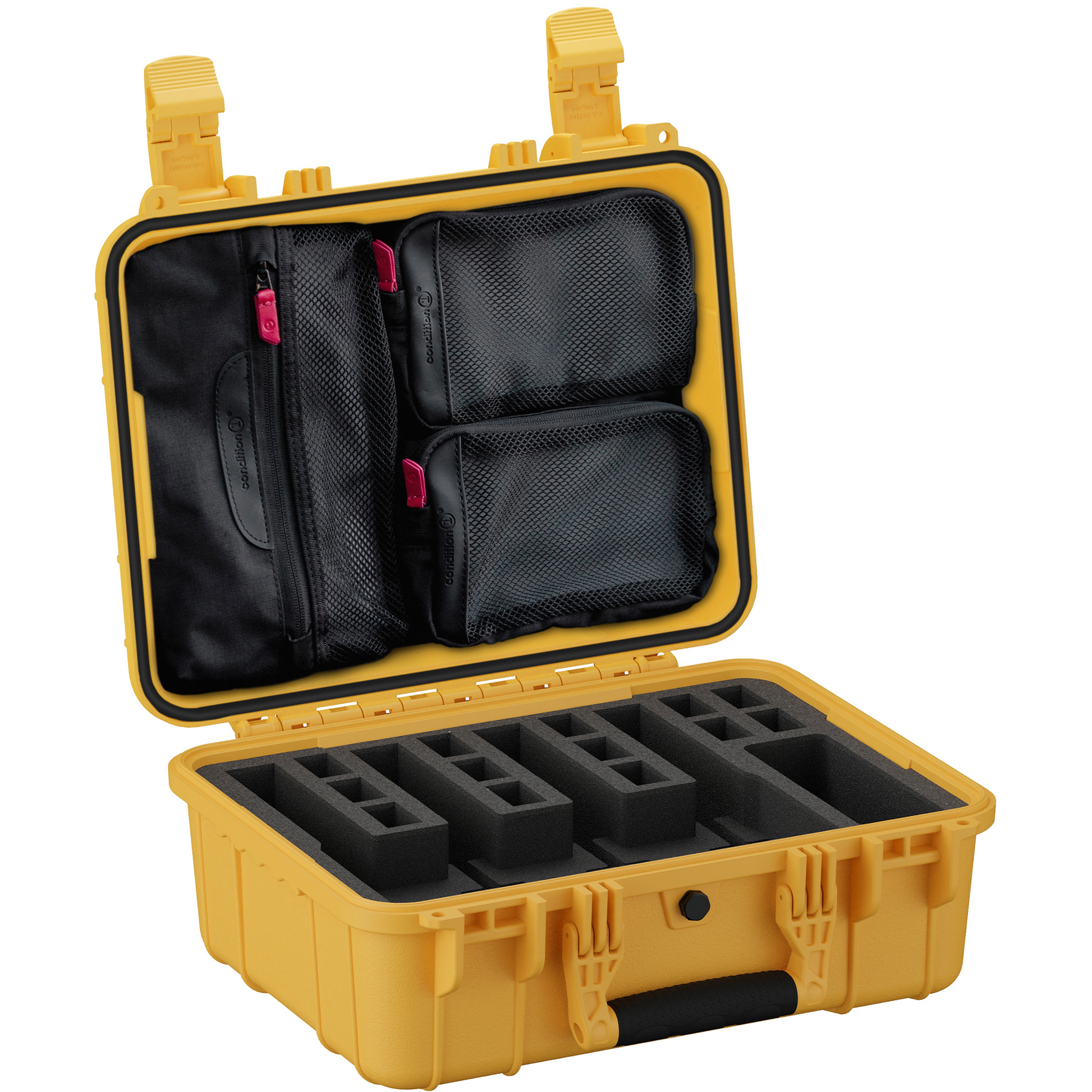 Durable 16-inch hard case with foam inserts and compartments for securely storing four pistols and accessories.