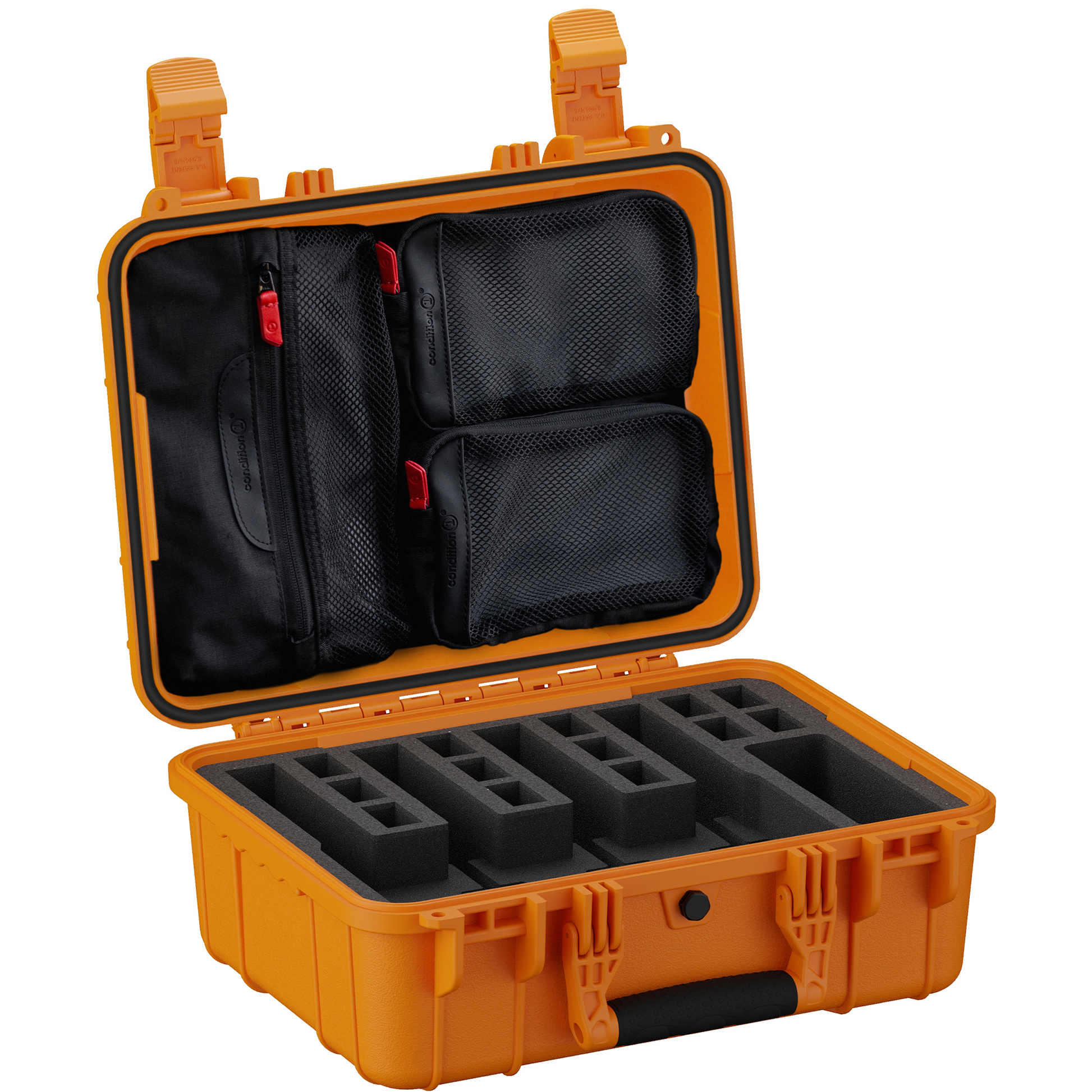 Durable 16-inch hard case designed for securely storing and transporting up to four pistols with customizable foam inserts.